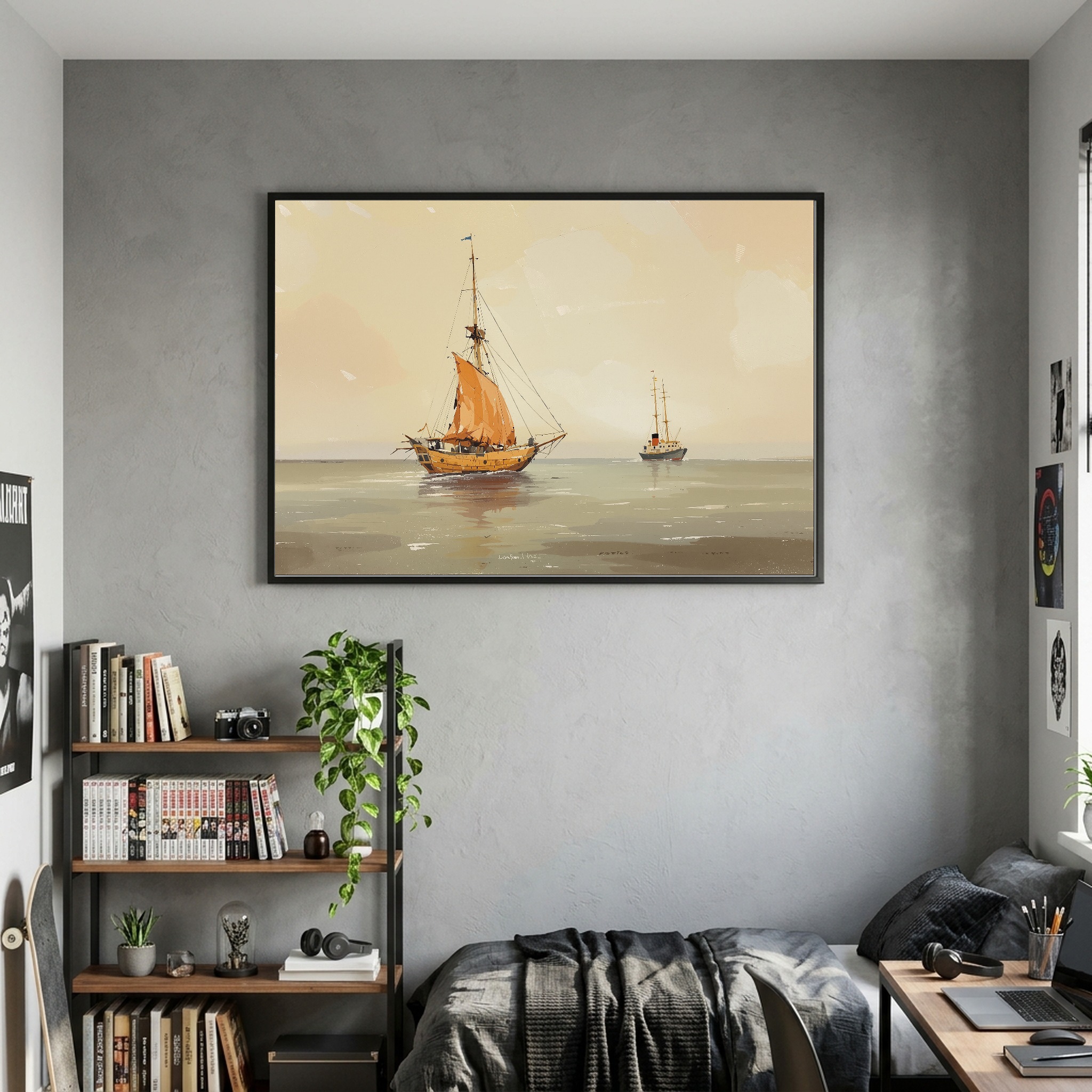 Historic Sailboat Passing Lightship – Nautical Canvas Wall Art for Home Office - Image 7