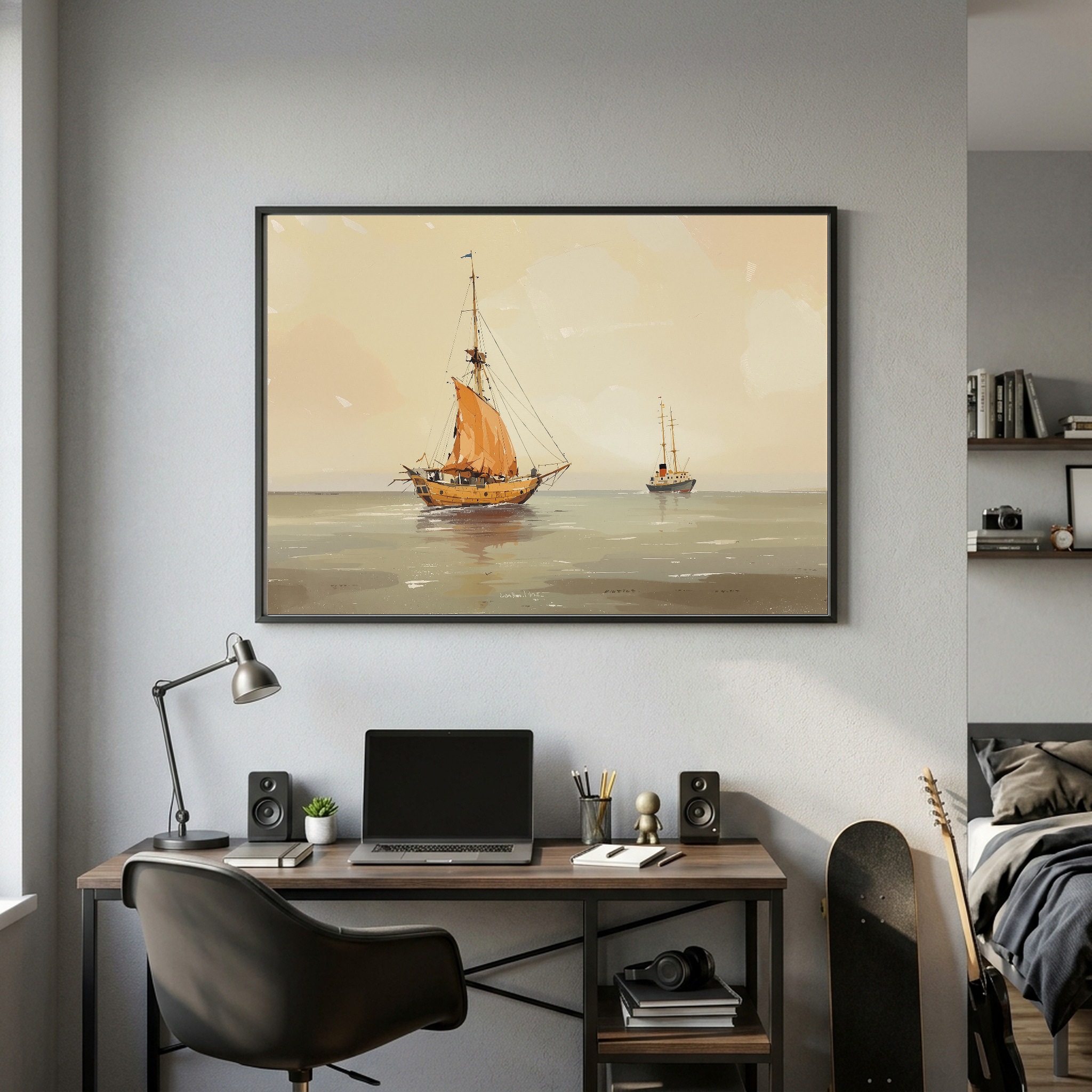 Historic Sailboat Passing Lightship – Nautical Canvas Wall Art for Home Office - Image 8