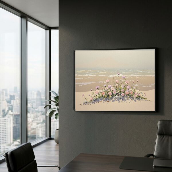 Morning Sea Glass & Coastal Flora – Horizontal Canvas Wall Art for Soft Bedroom