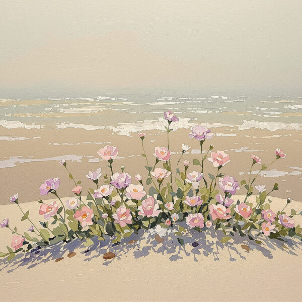 Morning Sea Glass & Coastal Flora – Horizontal Canvas Wall Art for Soft Bedroom