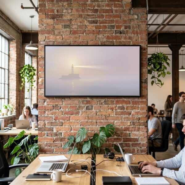 Sunset Beacon Beam Through Mist – Panoramic Canvas Wall Art for a Serene Study