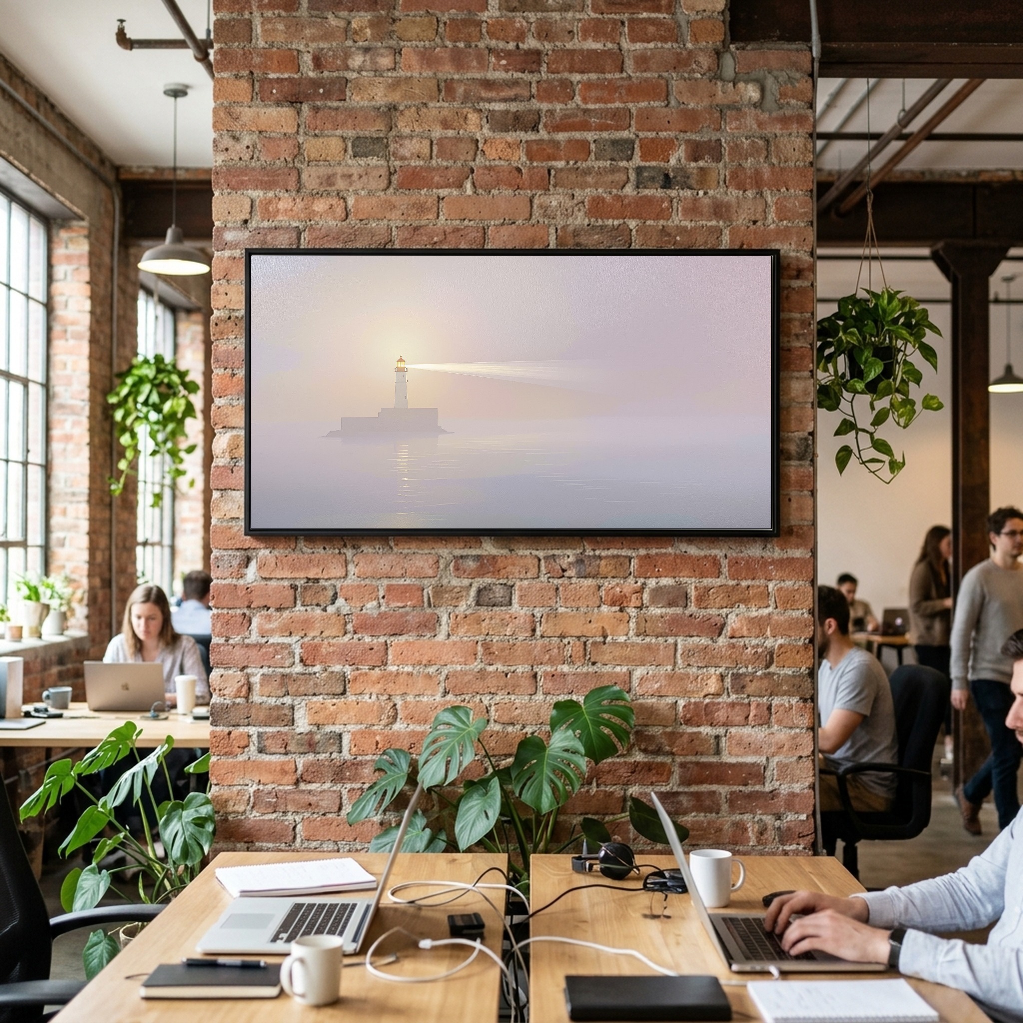 Sunset Beacon Beam Through Mist – Panoramic Canvas Wall Art for a Serene Study