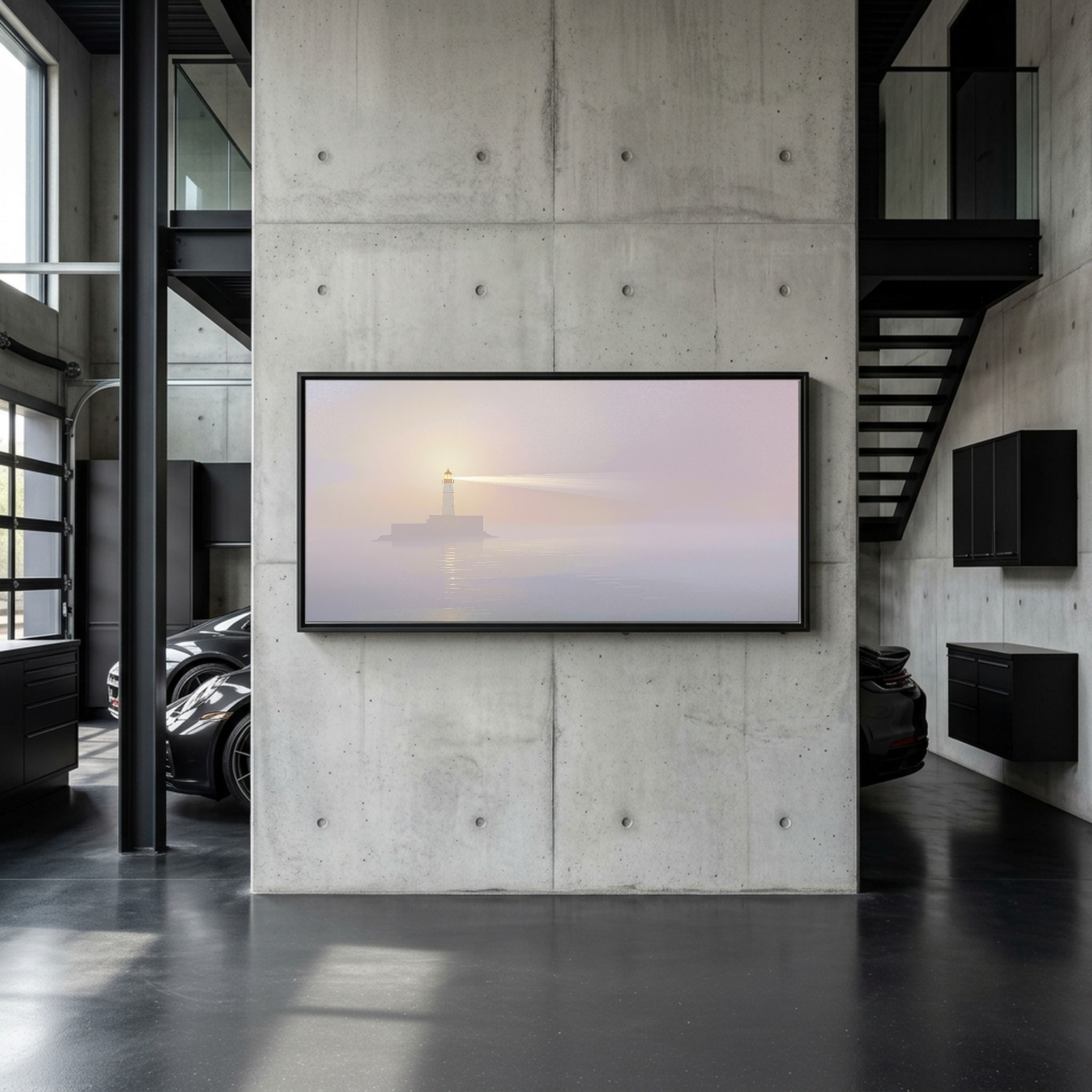 Sunset Beacon Beam Through Mist – Panoramic Canvas Wall Art for a Serene Study - Image 2