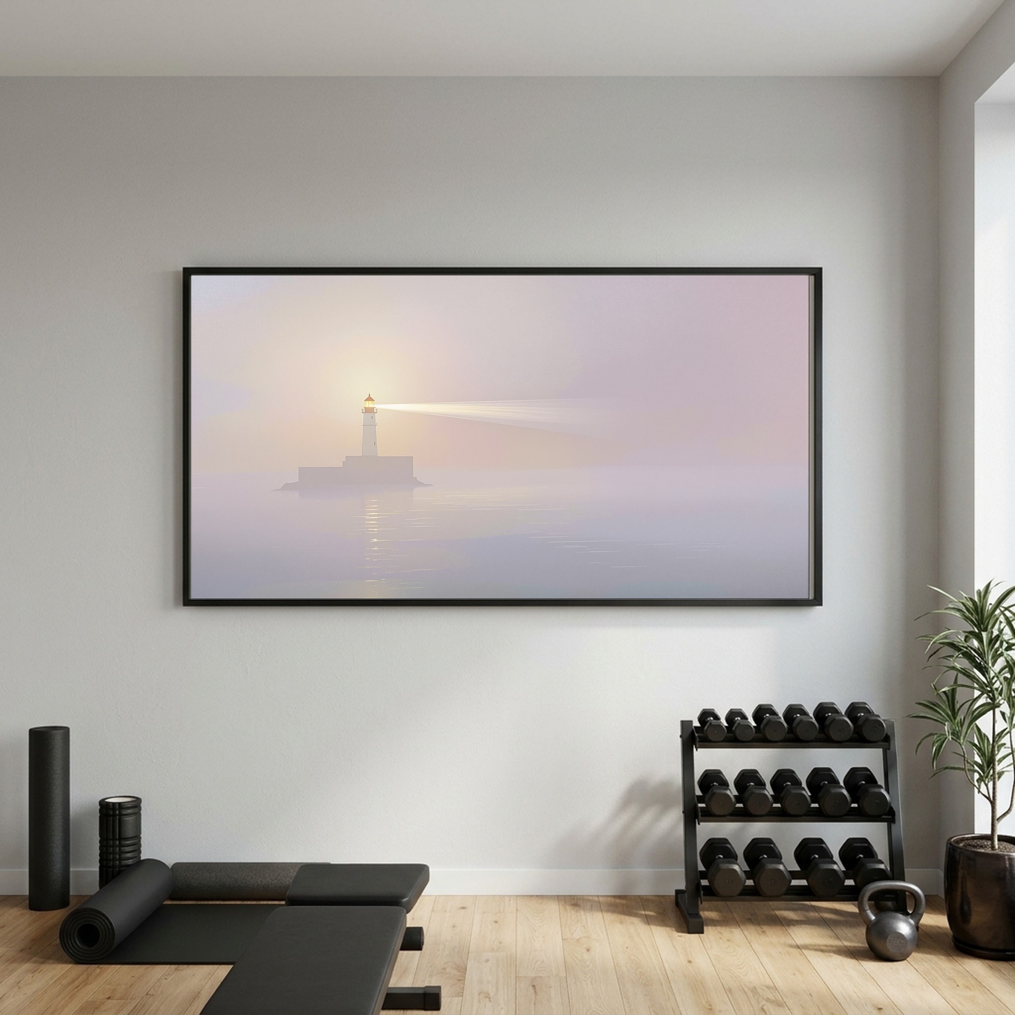 Sunset Beacon Beam Through Mist – Panoramic Canvas Wall Art for a Serene Study - Image 3