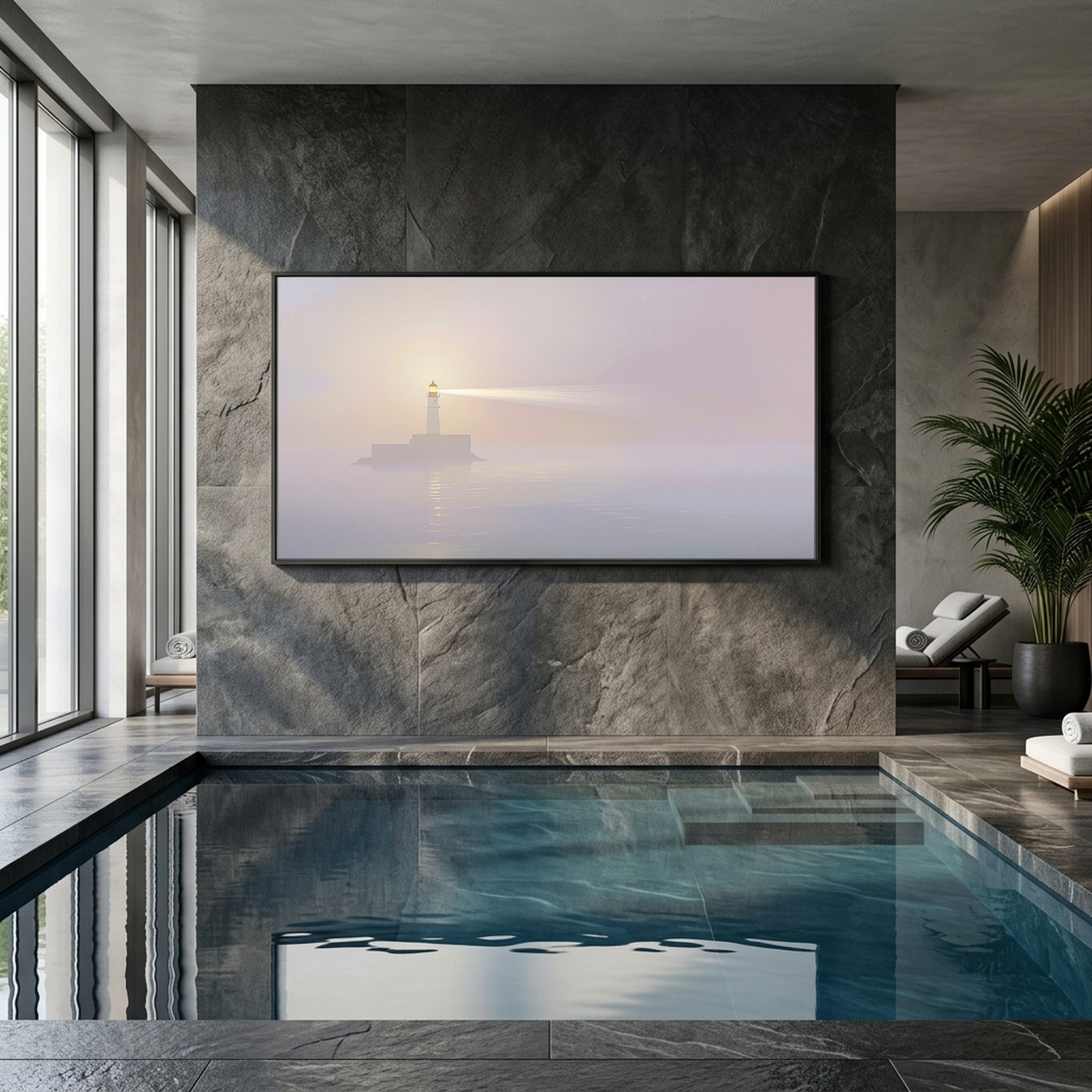 Sunset Beacon Beam Through Mist – Panoramic Canvas Wall Art for a Serene Study - Image 4