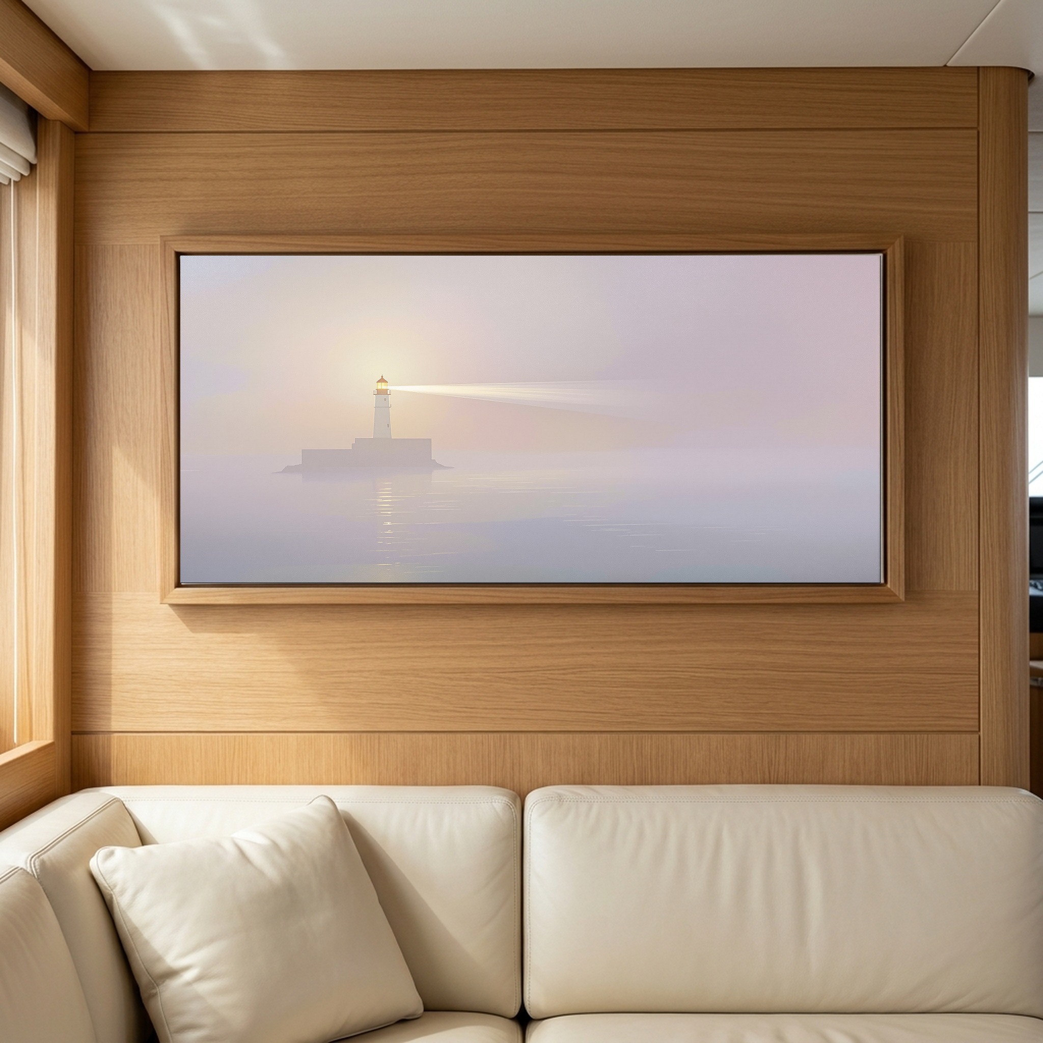 Sunset Beacon Beam Through Mist – Panoramic Canvas Wall Art for a Serene Study - Image 5