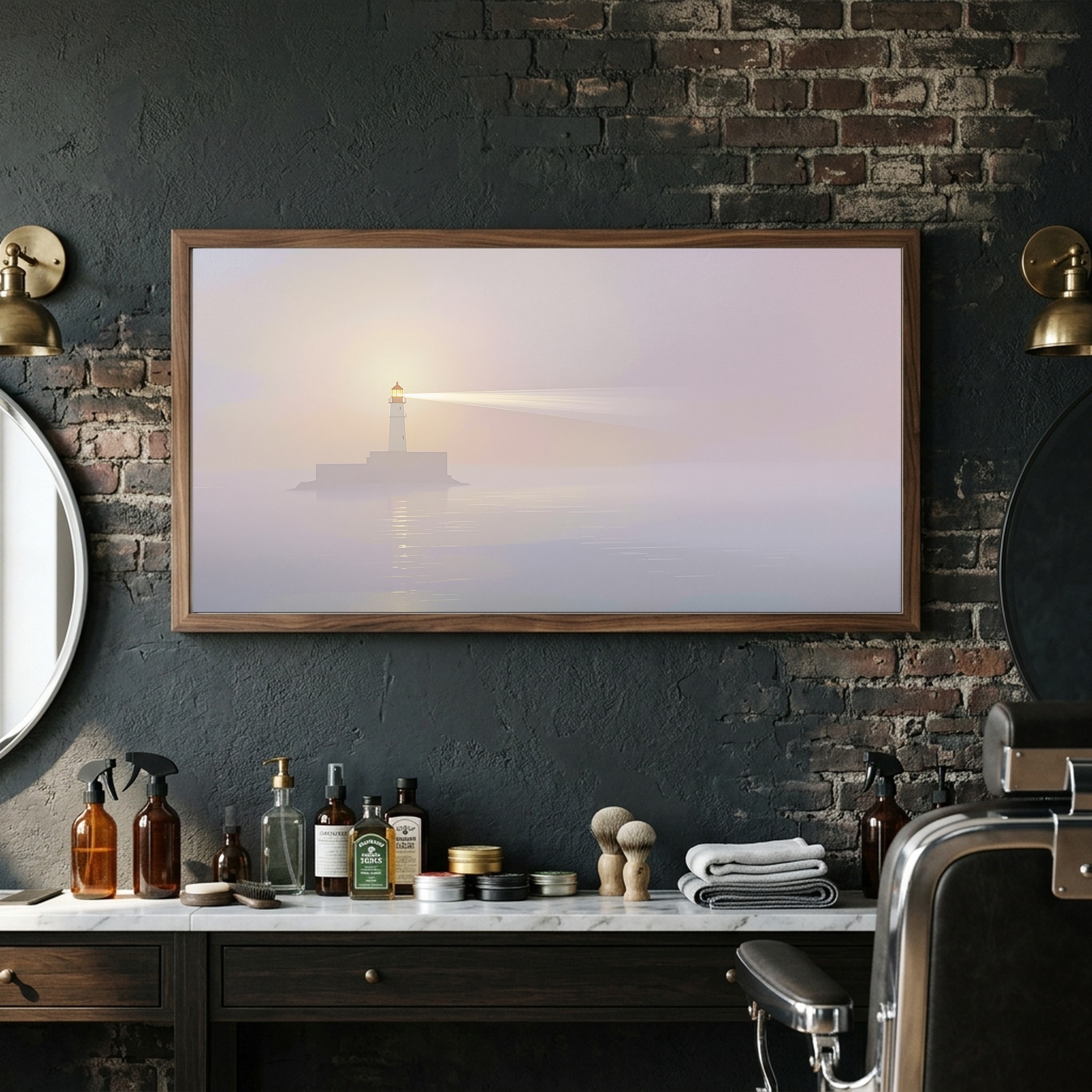 Sunset Beacon Beam Through Mist – Panoramic Canvas Wall Art for a Serene Study - Image 6