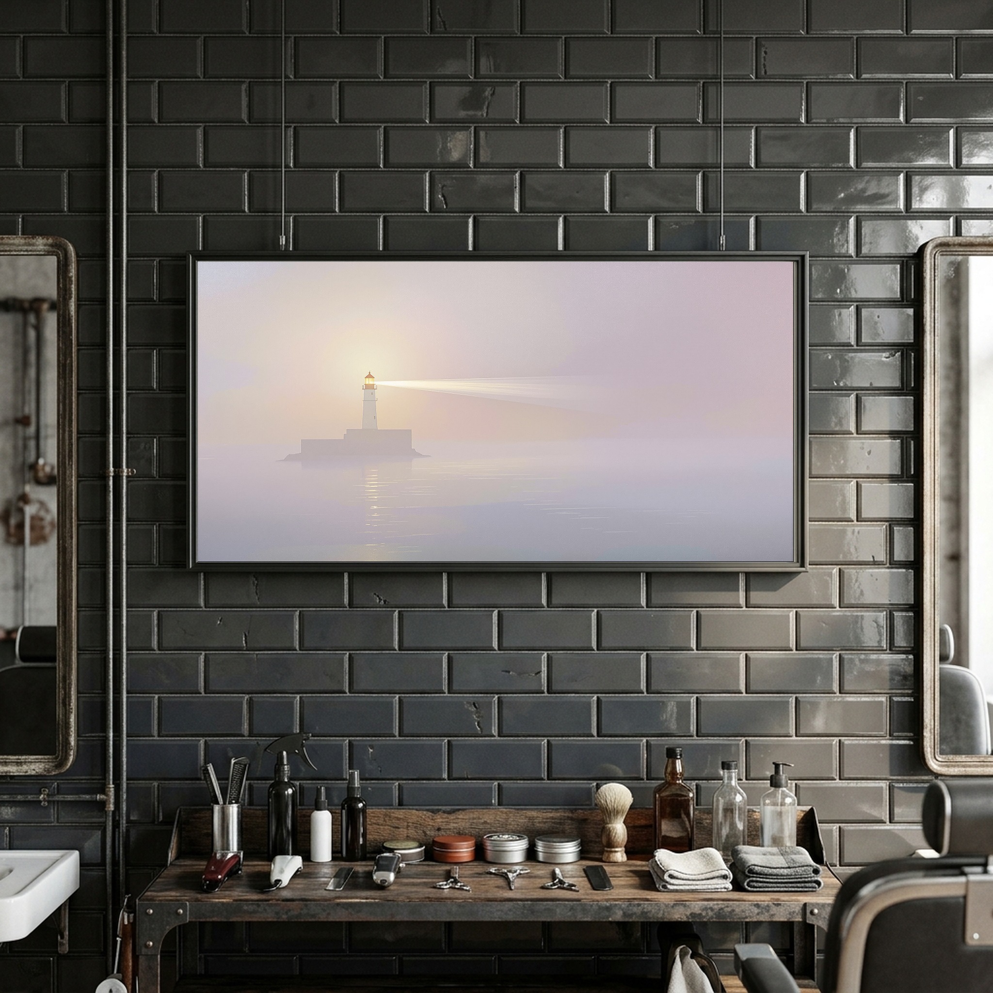 Sunset Beacon Beam Through Mist – Panoramic Canvas Wall Art for a Serene Study - Image 7