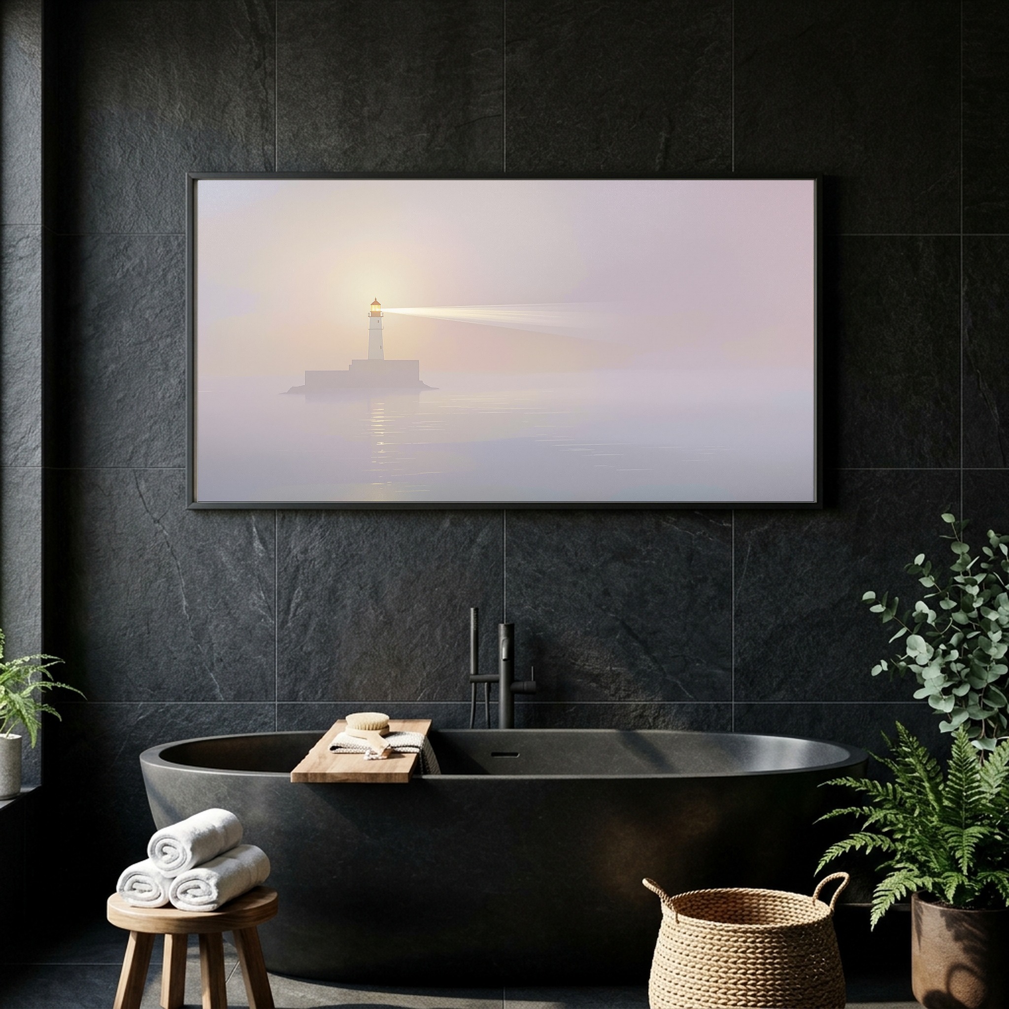 Sunset Beacon Beam Through Mist – Panoramic Canvas Wall Art for a Serene Study - Image 8