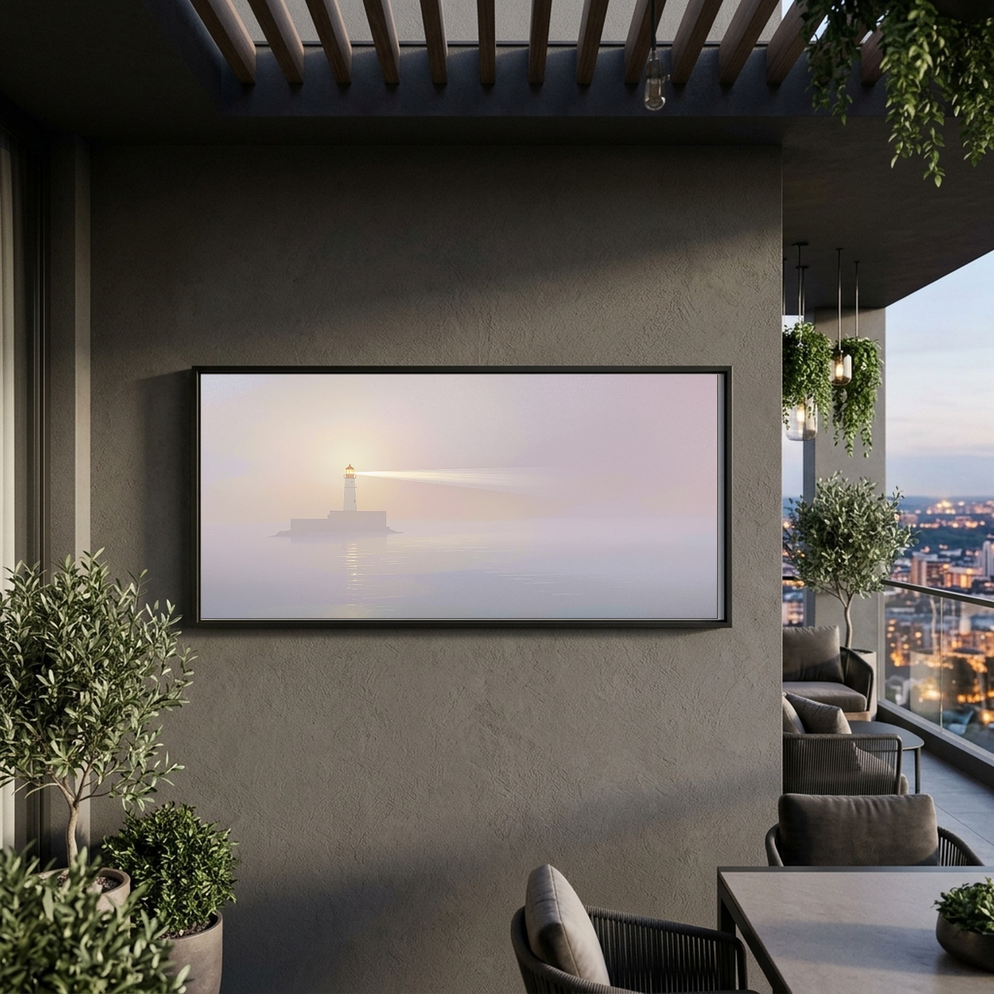 Sunset Beacon Beam Through Mist – Panoramic Canvas Wall Art for a Serene Study - Image 10