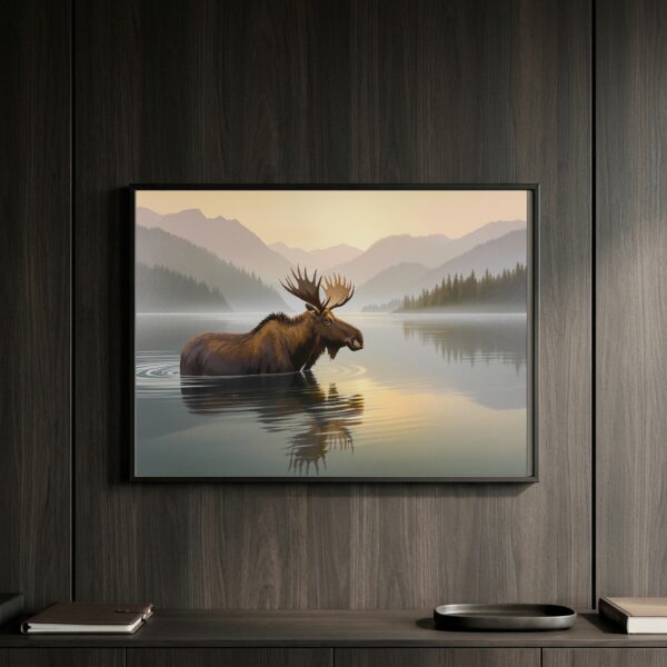 Moose Feeding in Mirror Lake at Sunrise – Horizontal Canvas Wall Art for Rustic Dining Room