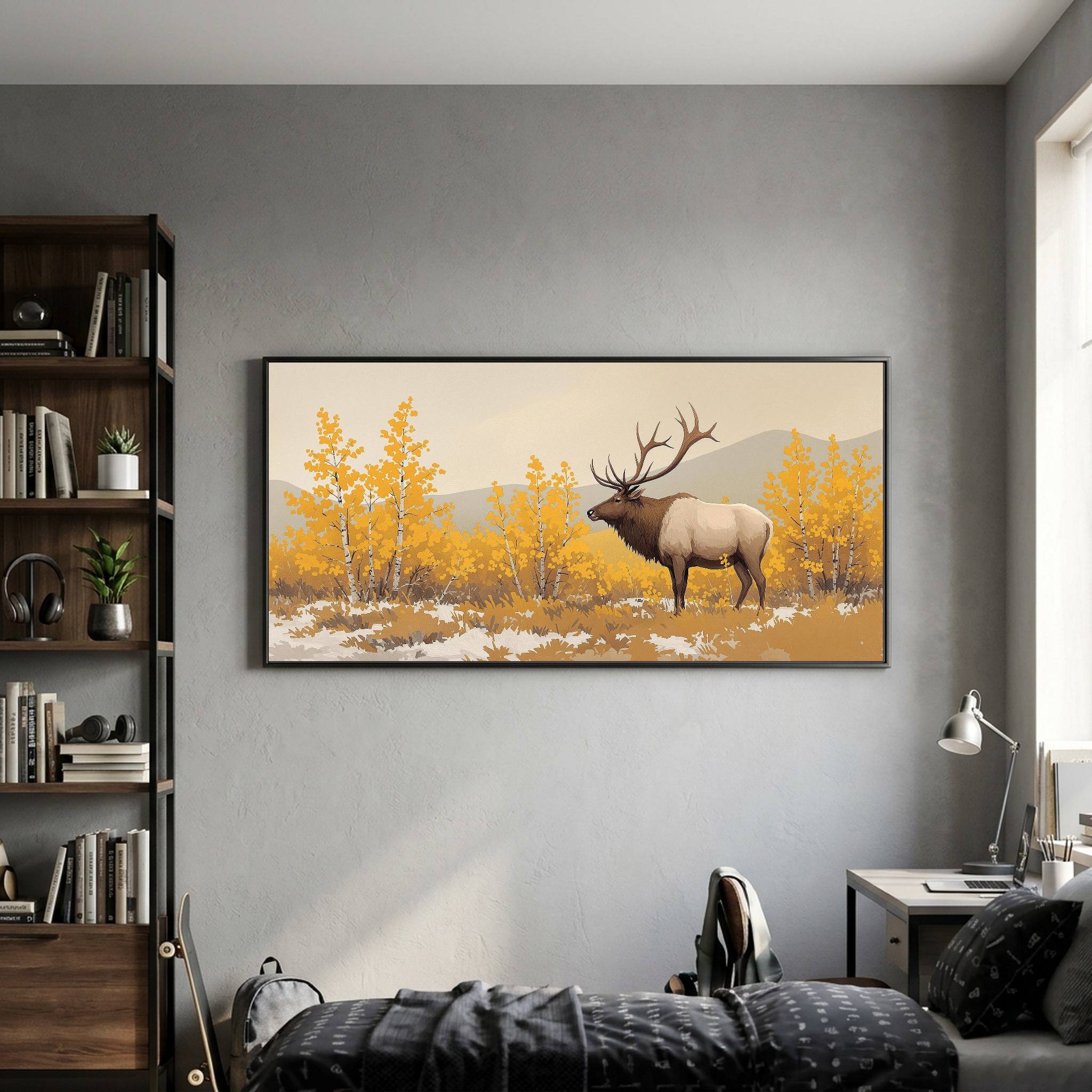 Bull Elk Bugling in Autumn Mist – Panoramic Canvas Wall Art for Rustic Cabin - Image 2