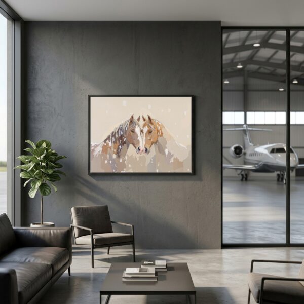 Winter Pasture Horses Huddled in Snow — Horizontal Canvas Wall Art for Family Room