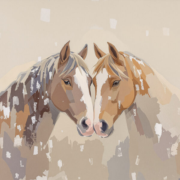 Winter Pasture Horses Huddled in Snow — Horizontal Canvas Wall Art for Family Room