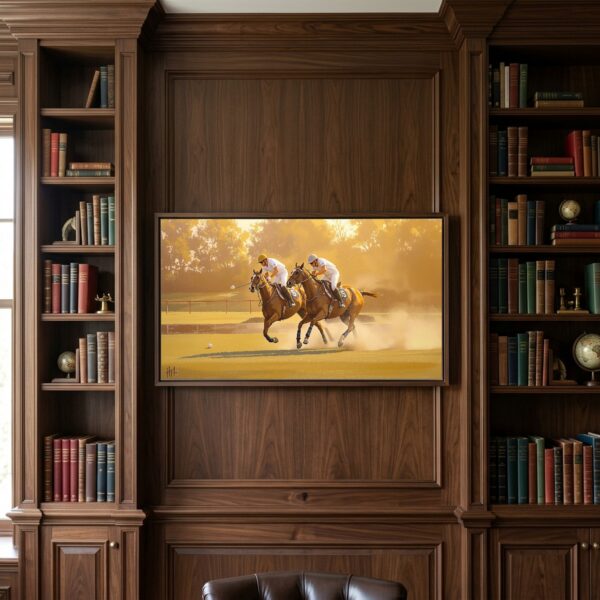 Polo Match in Full Swing: Fast Lunge on Perfect Turf Panoramic Canvas