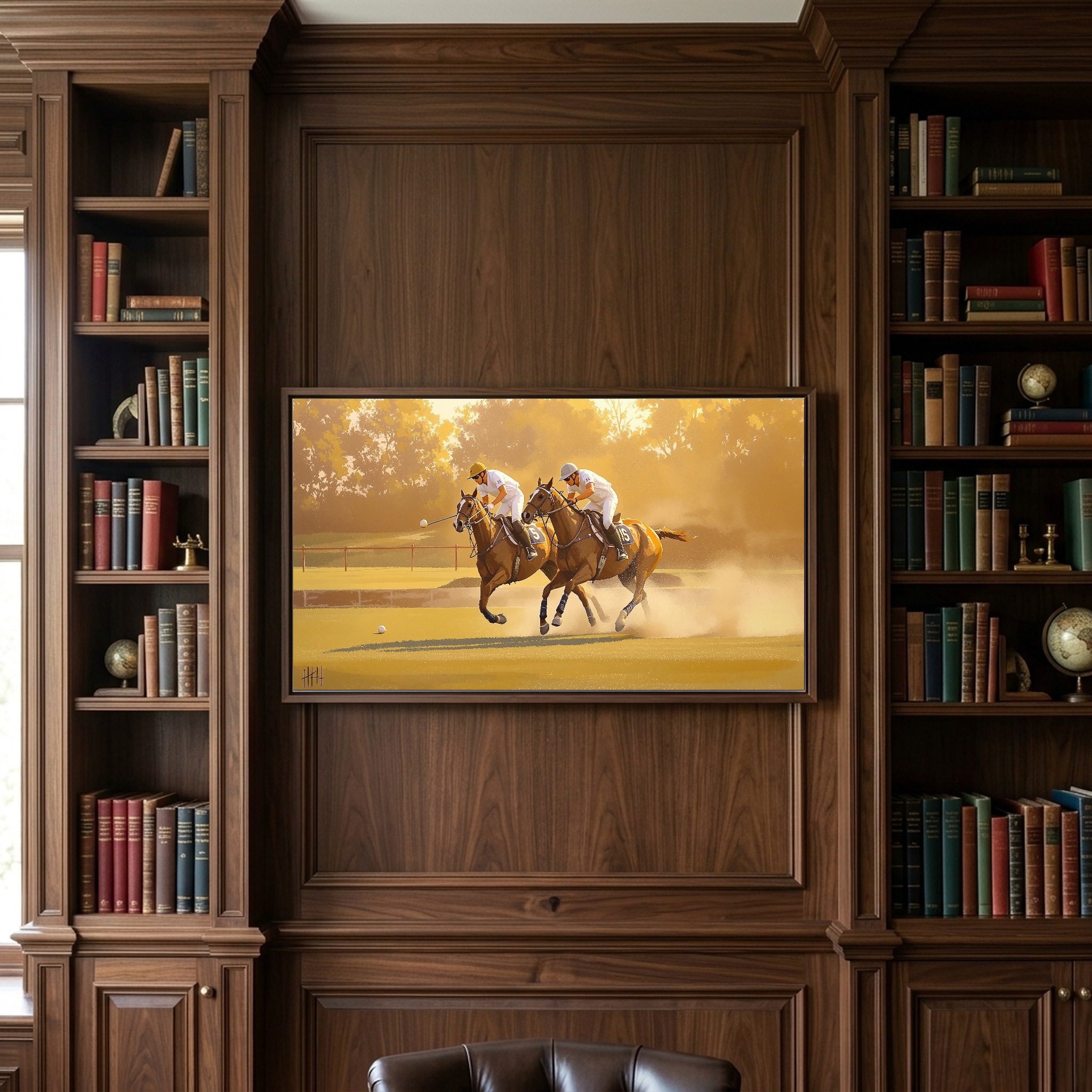 Polo Match in Full Swing: Fast Lunge on Perfect Turf Panoramic Canvas