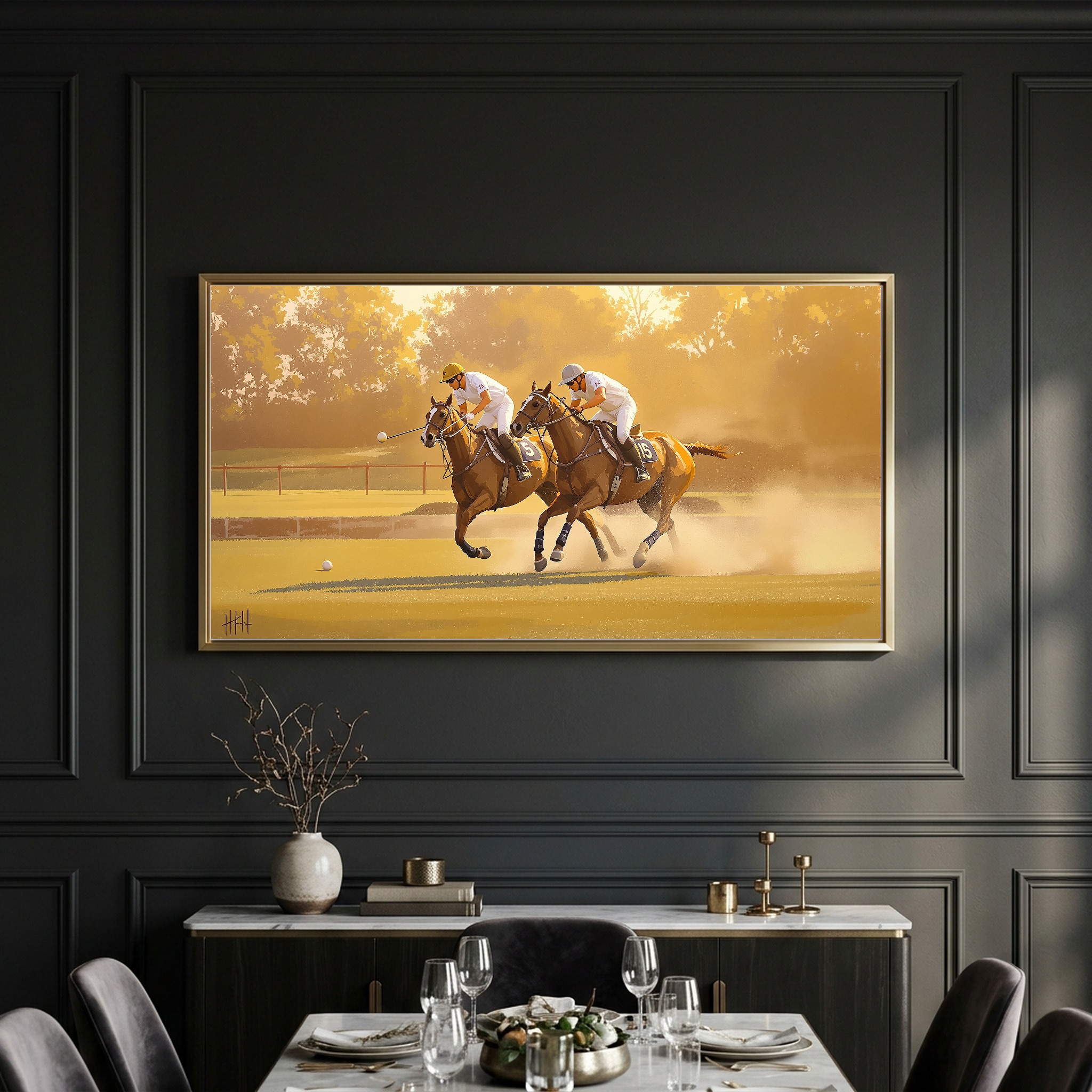 Polo Match in Full Swing: Fast Lunge on Perfect Turf Panoramic Canvas - Image 5
