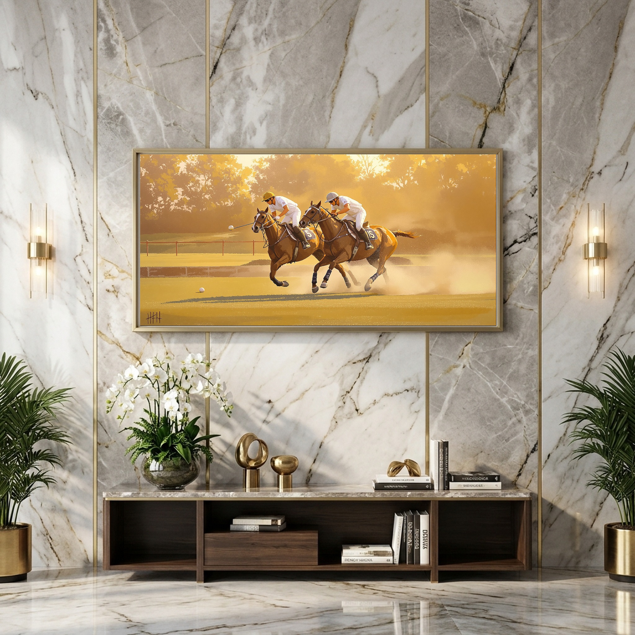 Polo Match in Full Swing: Fast Lunge on Perfect Turf Panoramic Canvas - Image 6