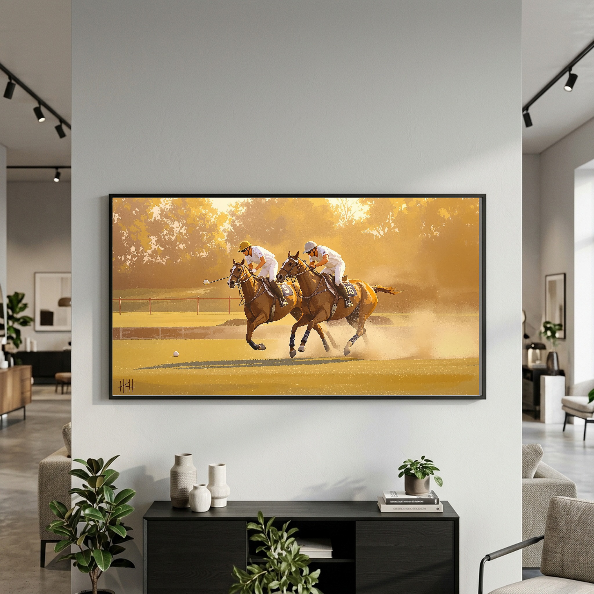 Polo Match in Full Swing: Fast Lunge on Perfect Turf Panoramic Canvas - Image 9