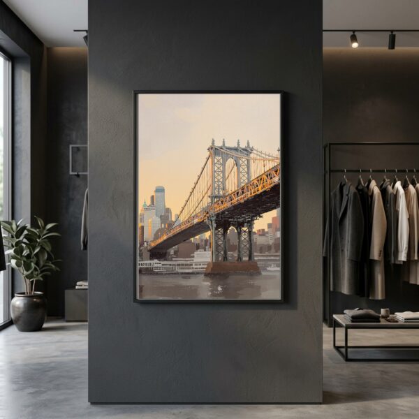 Manhattan Skyline from Brooklyn Bridge at Sunset – Vertical Canvas Wall Art for Above Sofa
