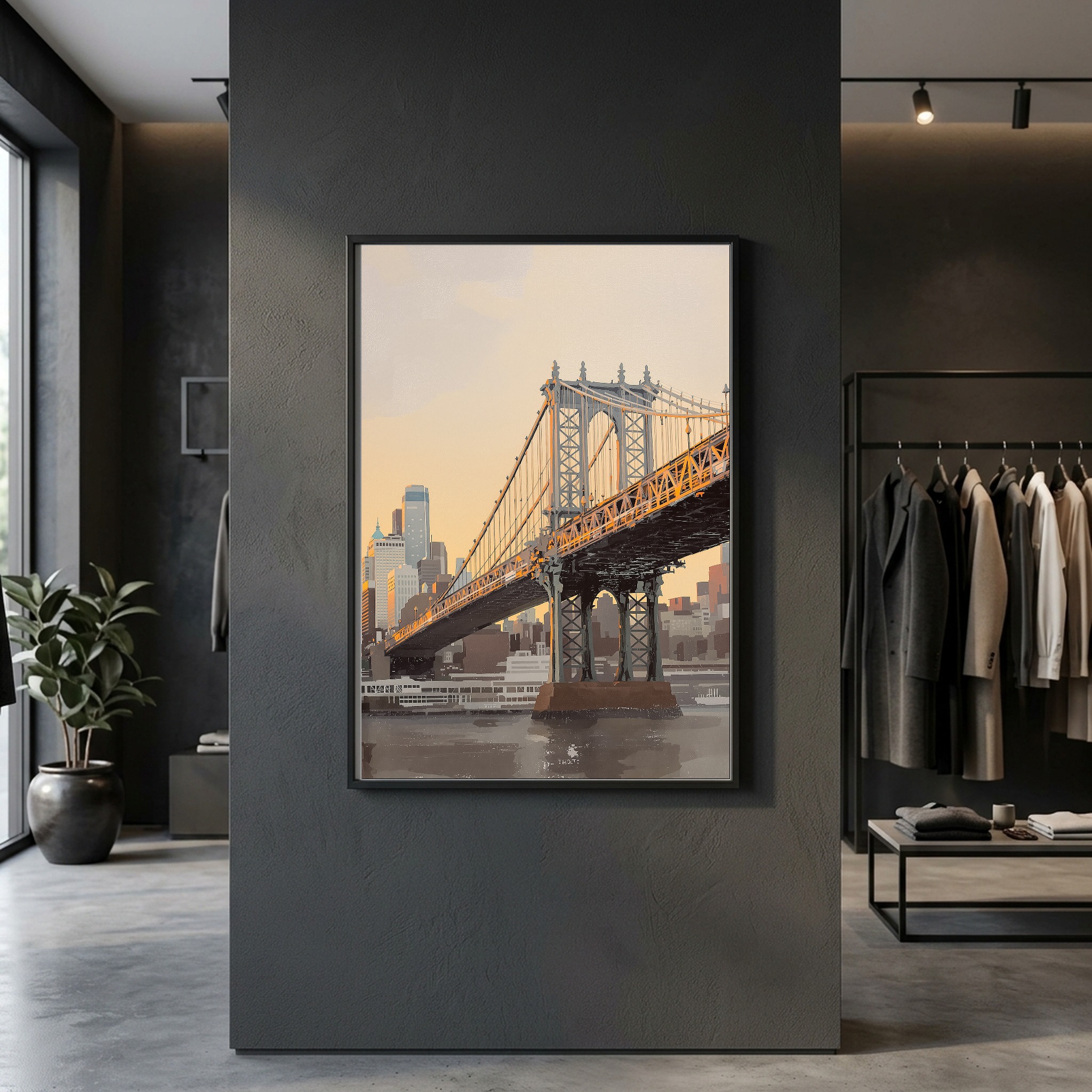 Manhattan Skyline from Brooklyn Bridge at Sunset – Vertical Canvas Wall Art for Above Sofa