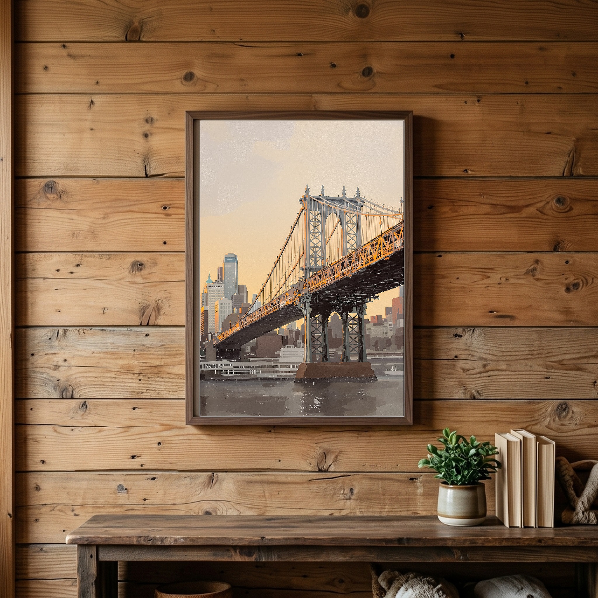 Manhattan Skyline from Brooklyn Bridge at Sunset – Vertical Canvas Wall Art for Above Sofa - Image 3