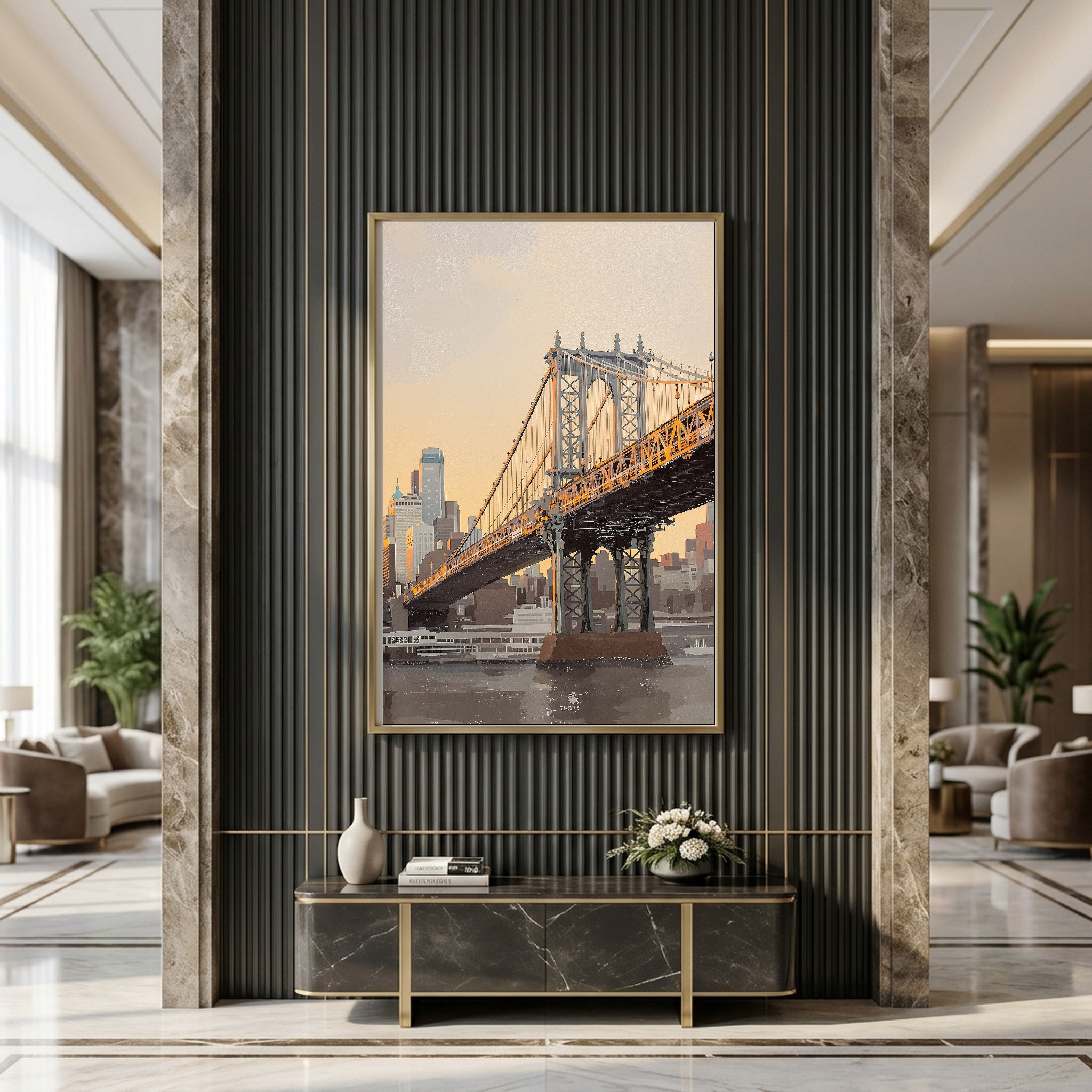 Manhattan Skyline from Brooklyn Bridge at Sunset – Vertical Canvas Wall Art for Above Sofa - Image 4