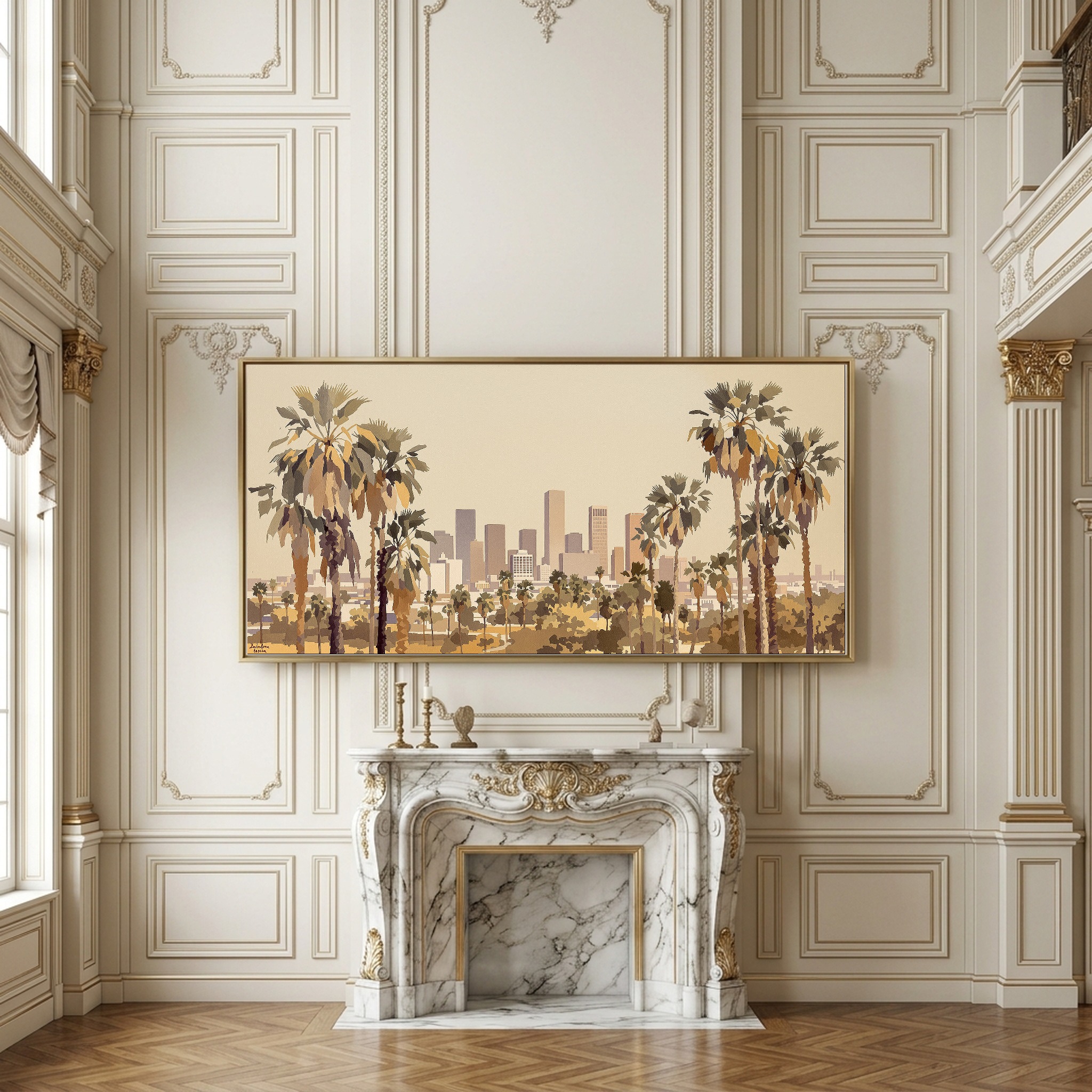 Los Angeles Skyline Framed by Palm Trees Panoramic Canvas Wall Art - Image 2