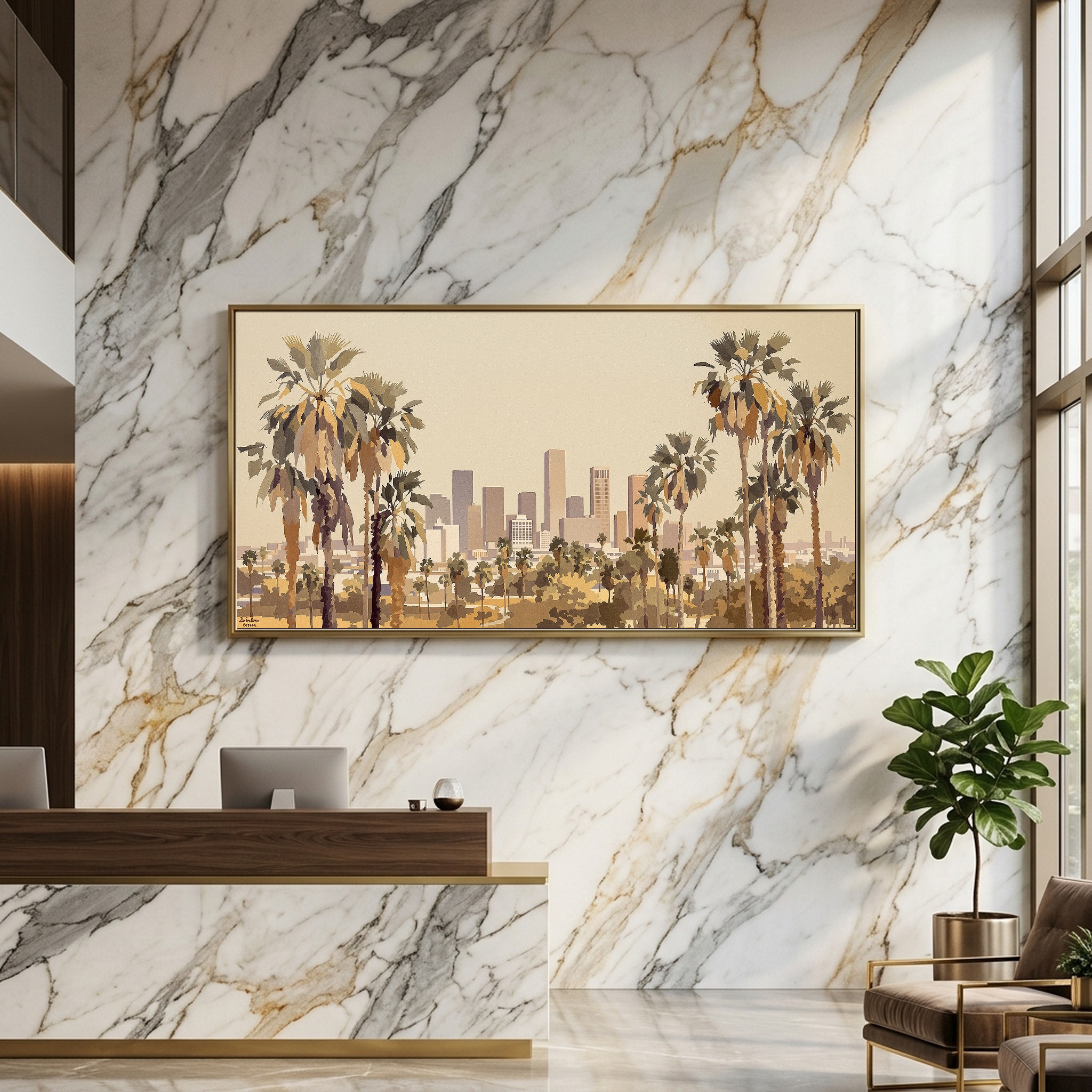 Los Angeles Skyline Framed by Palm Trees Panoramic Canvas Wall Art - Image 3