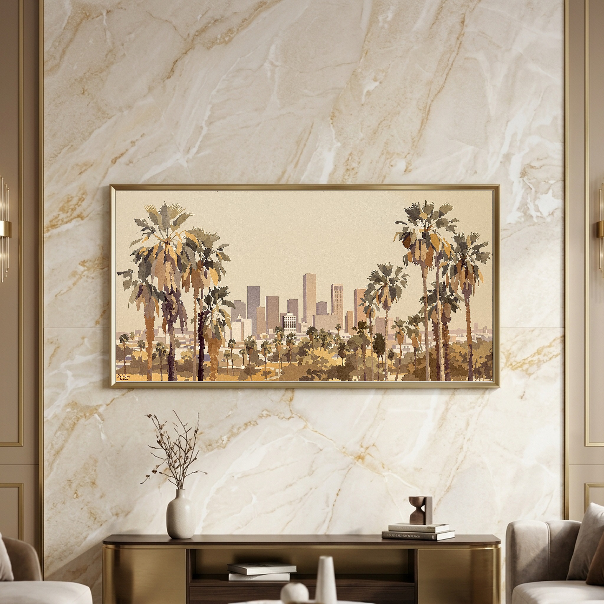 Los Angeles Skyline Framed by Palm Trees Panoramic Canvas Wall Art - Image 4