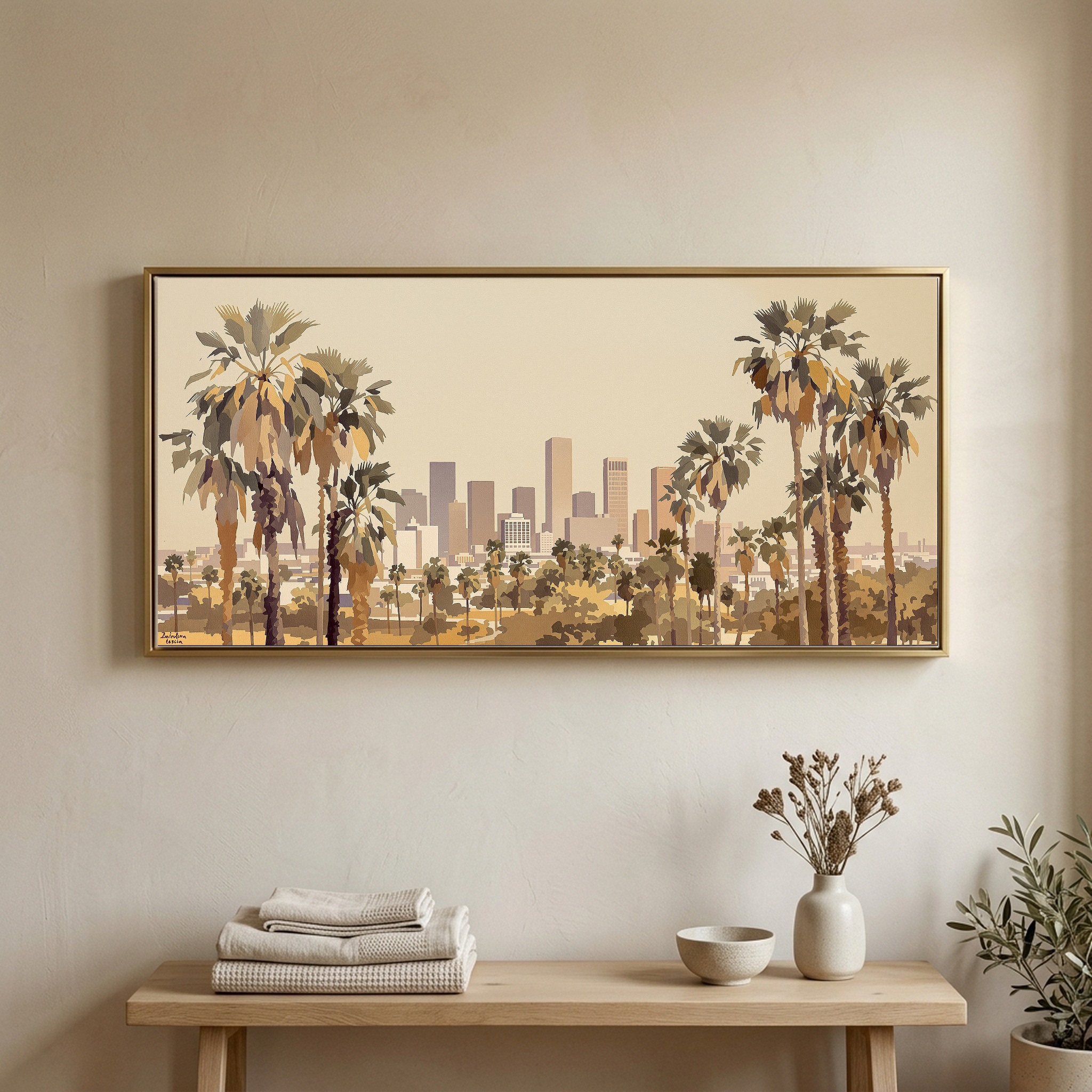 Los Angeles Skyline Framed by Palm Trees Panoramic Canvas Wall Art - Image 5