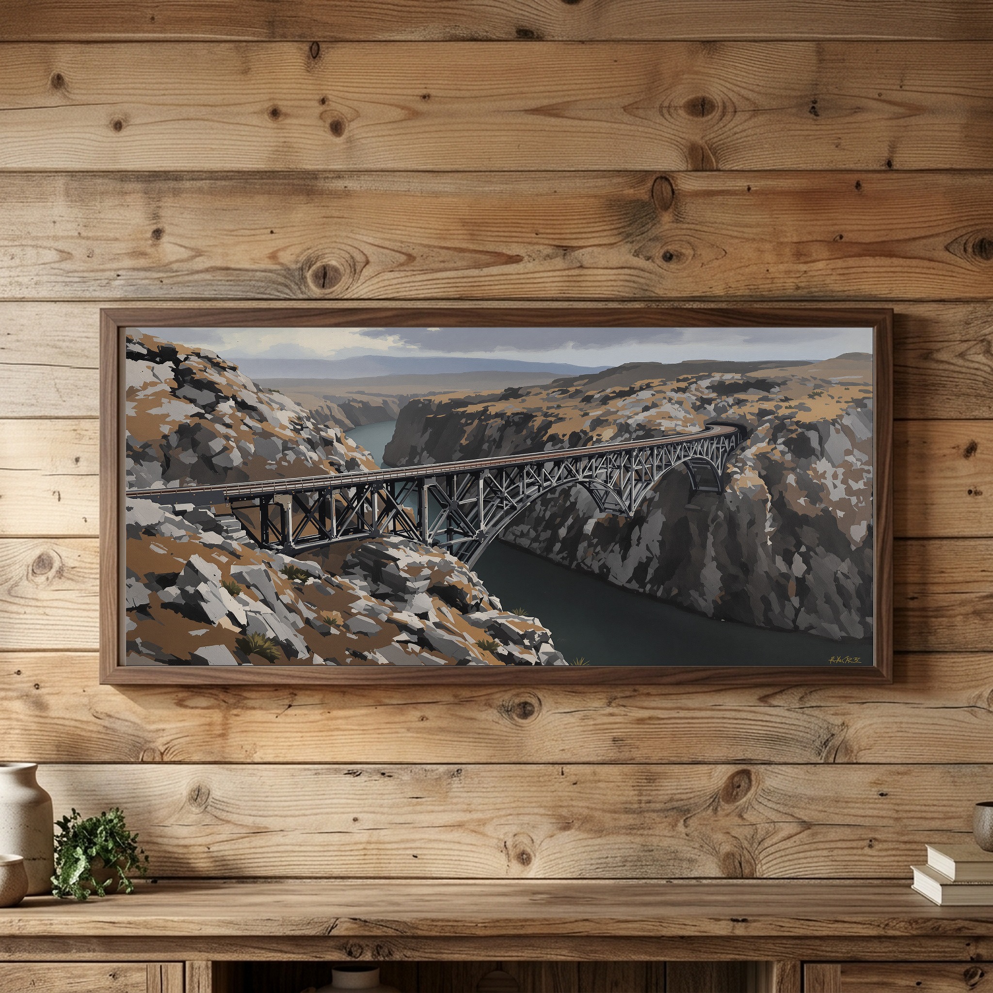 Historic Steel Truss Railroad Bridge Over Deep River Gorge Panoramic Canvas - Image 5
