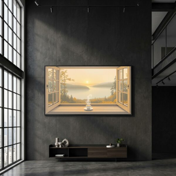 Sunrise Over the Lake: Log Cabin Window Canvas Print for a Calm Coffee Corner