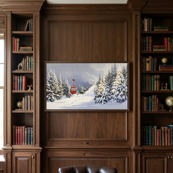 Red Chairlift Ascending Snow-Laden Fir Forest, Panoramic Canvas Wall Art