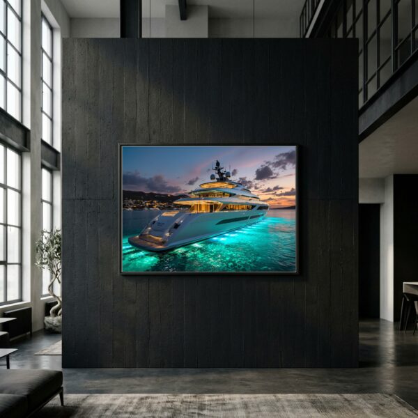Superyacht Stern at Twilight with Turquoise Underwater Lights, Horizontal Canvas Wall Art for Avant-Garde Loft