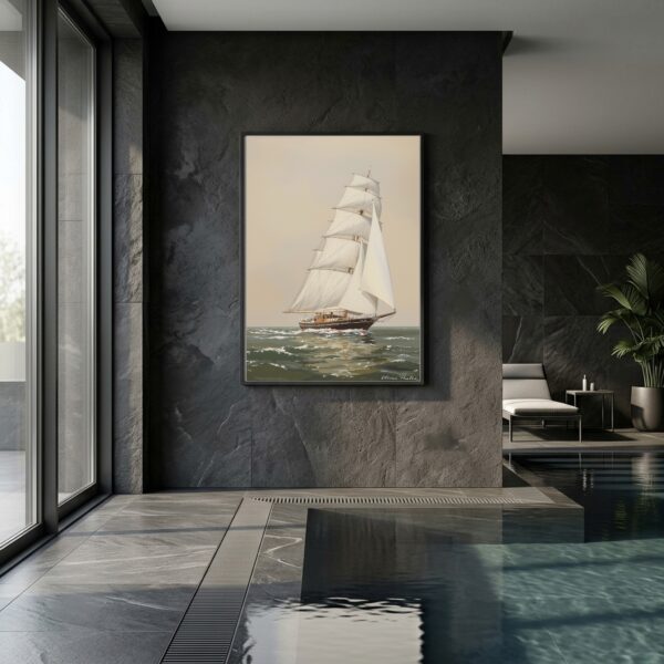Classic Wooden Yacht Sailing Close-Hauled – Nautical Canvas Wall Art for Home Office