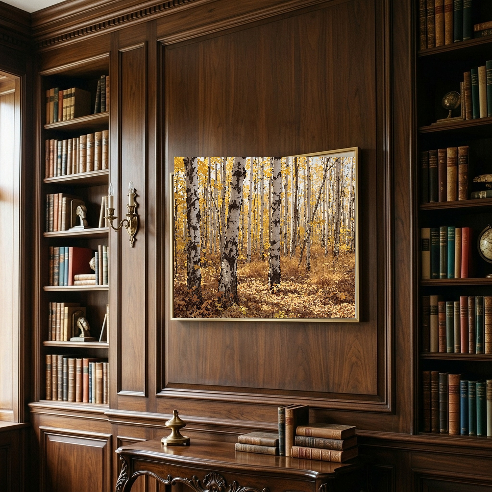 Tensed Recurve Bow Aiming in Autumn Birch Woods | Canvas Wall Art for Private Room - Image 3
