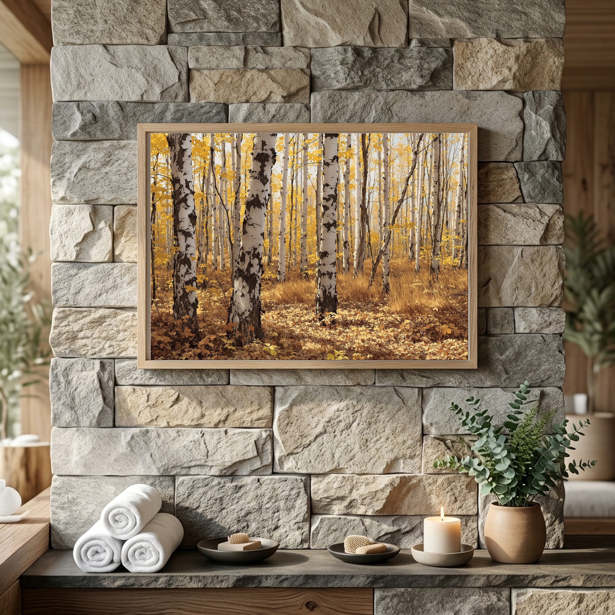 Tensed Recurve Bow Aiming in Autumn Birch Woods | Canvas Wall Art for Private Room - Image 9