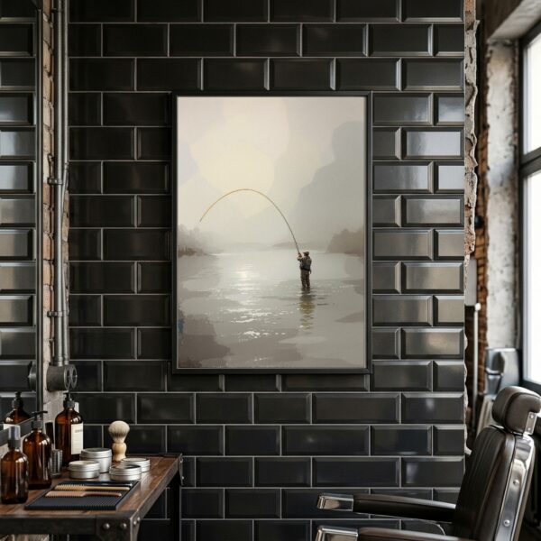 Fly Fisherman Casting on Misty River – Vertical Canvas Wall Art for the Angler's Office