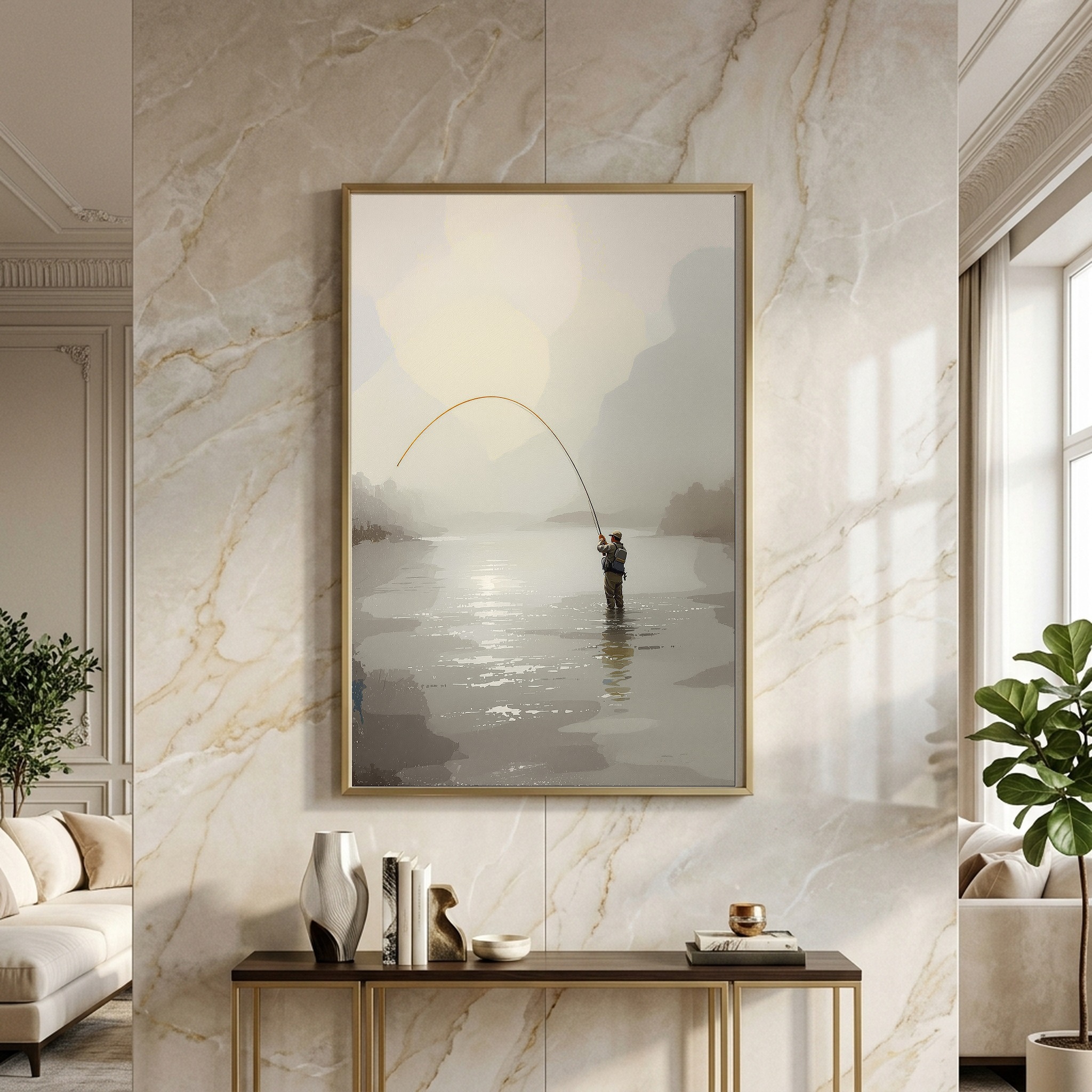 Fly Fisherman Casting on Misty River – Vertical Canvas Wall Art for the Angler's Office - Image 2