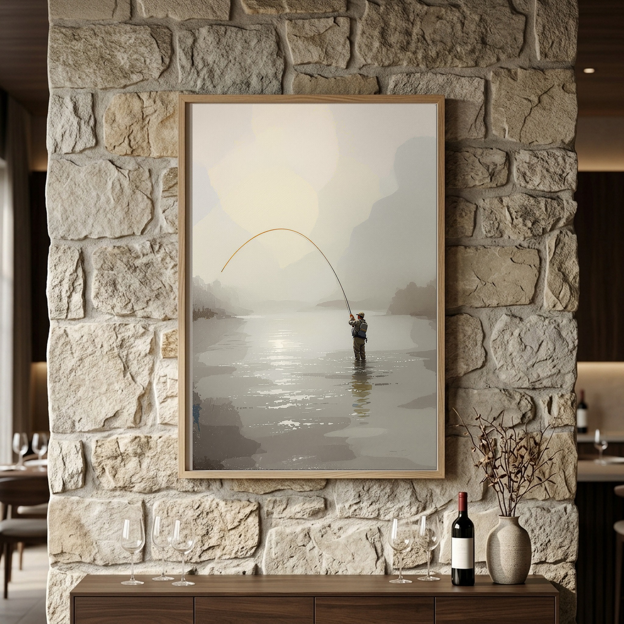 Fly Fisherman Casting on Misty River – Vertical Canvas Wall Art for the Angler's Office - Image 3