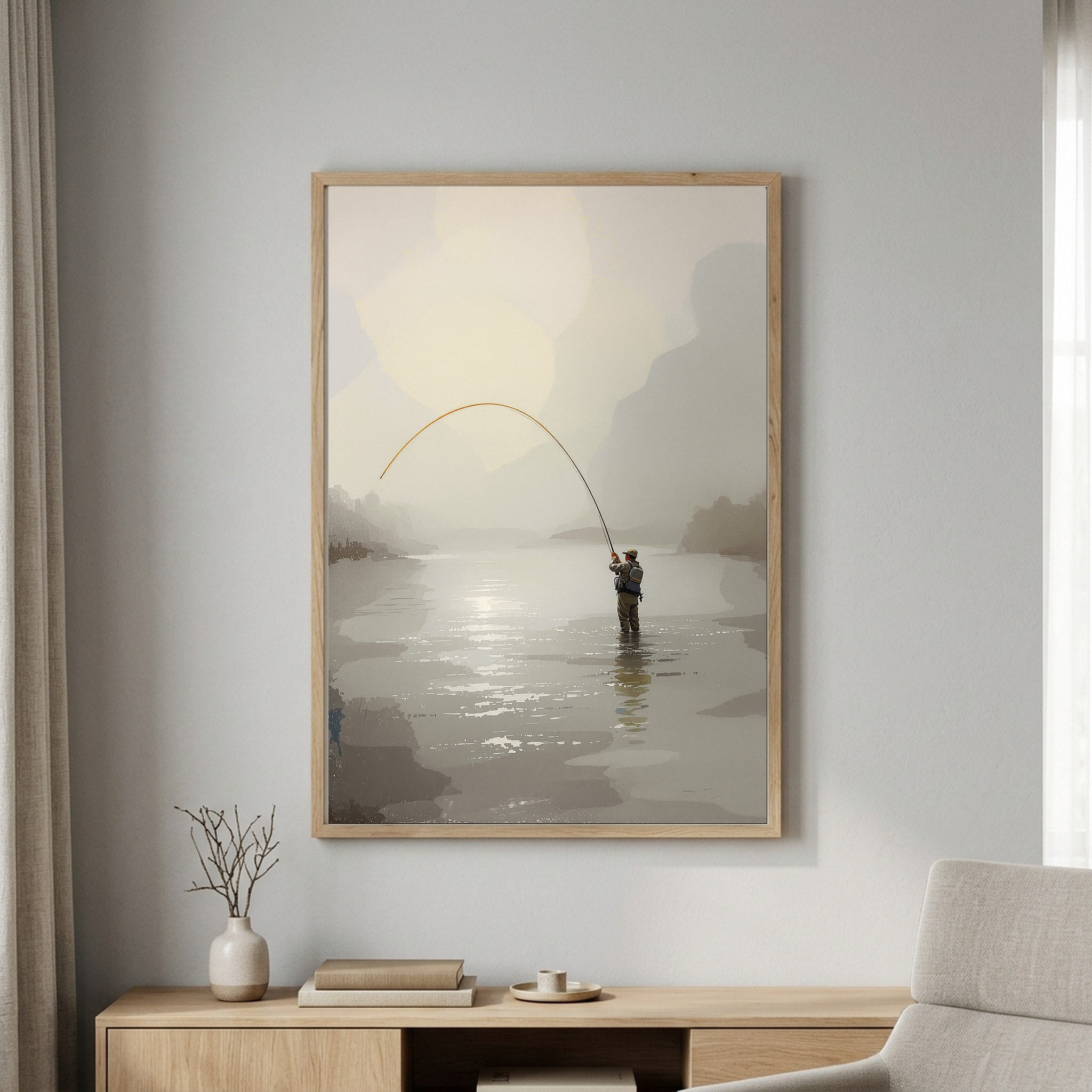 Fly Fisherman Casting on Misty River – Vertical Canvas Wall Art for the Angler's Office - Image 4