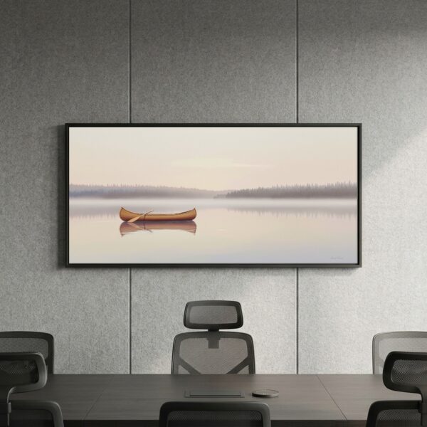 Canoe Gliding Across a Glass Lake at Dawn – Panoramic Canvas Wall Art for Zen Living Room or Cabin