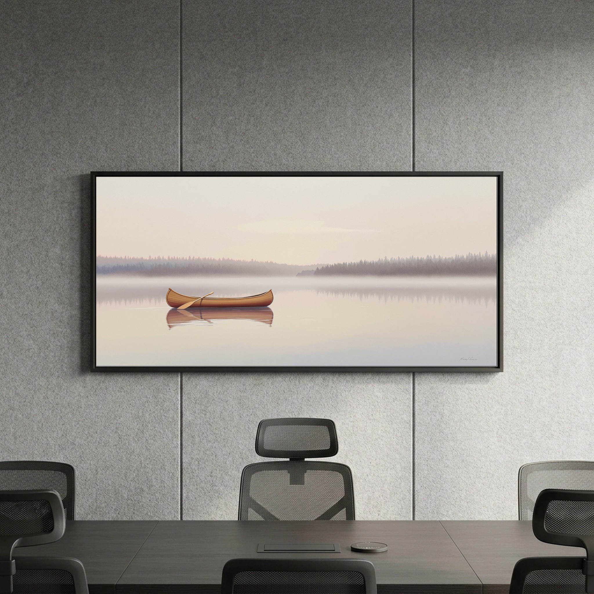 Canoe Gliding Across a Glass Lake at Dawn – Panoramic Canvas Wall Art for Zen Living Room or Cabin