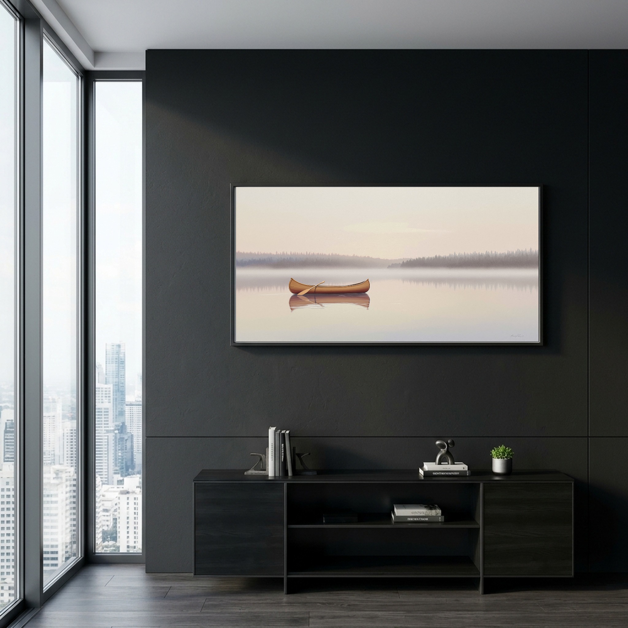 Canoe Gliding Across a Glass Lake at Dawn – Panoramic Canvas Wall Art for Zen Living Room or Cabin - Image 2
