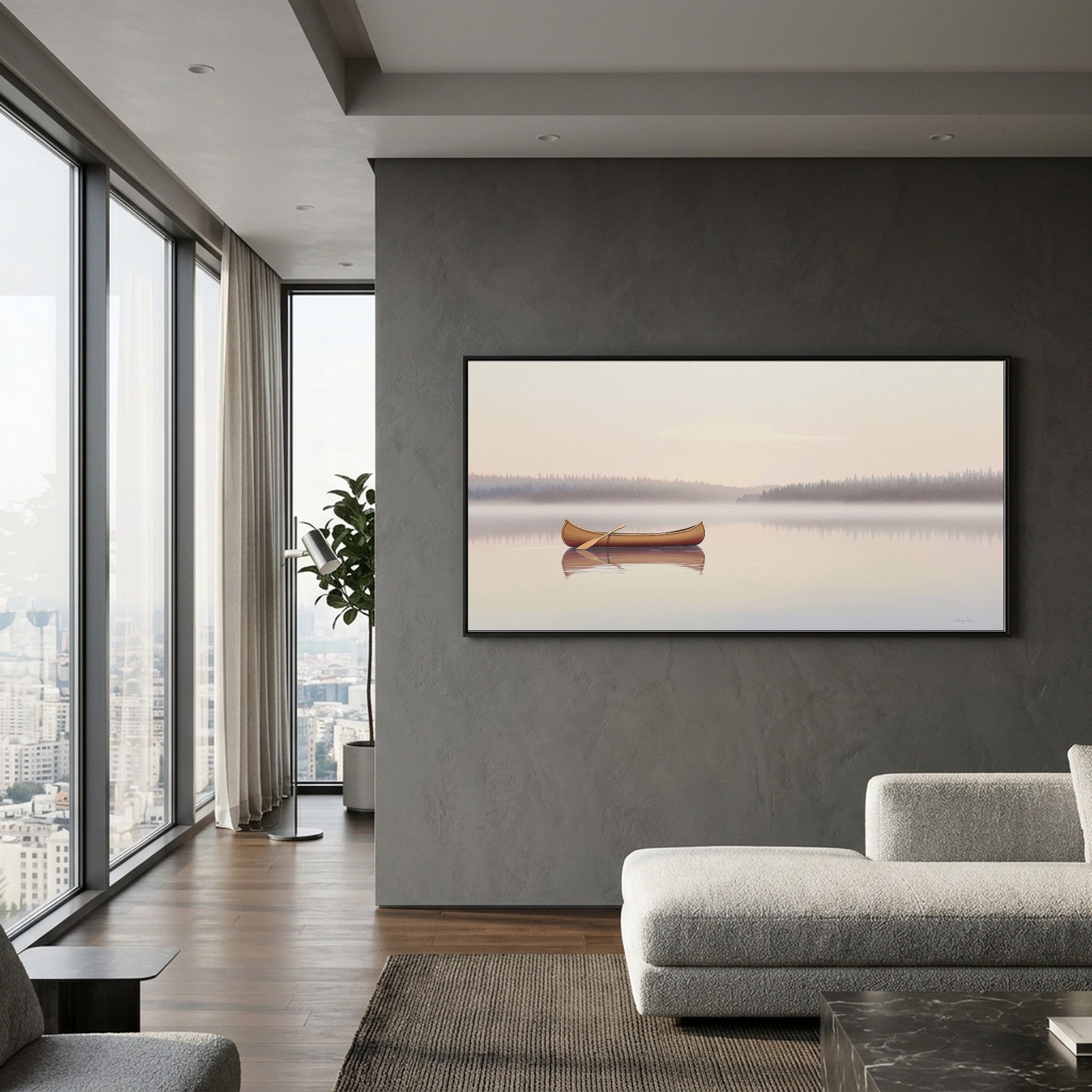 Canoe Gliding Across a Glass Lake at Dawn – Panoramic Canvas Wall Art for Zen Living Room or Cabin - Image 3