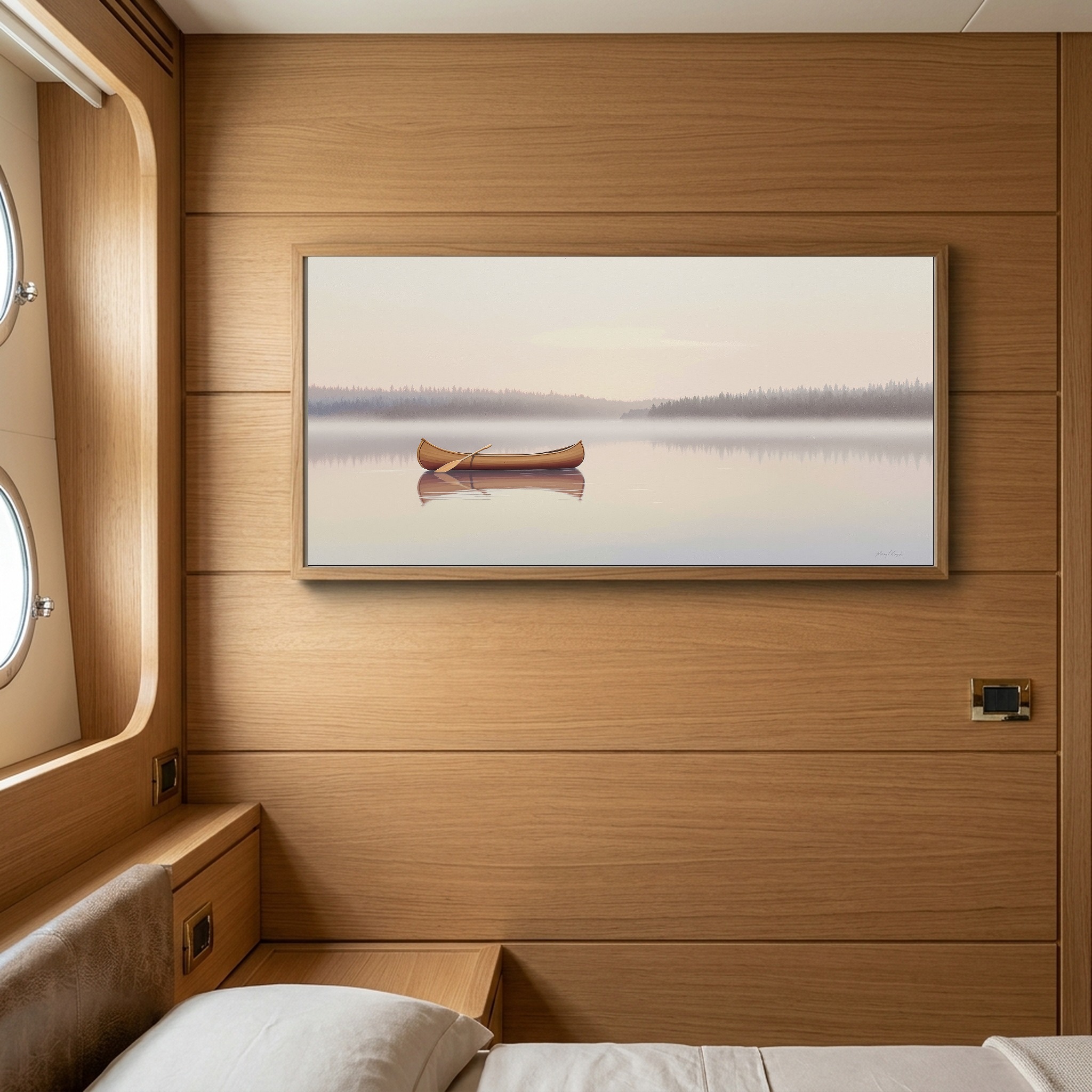 Canoe Gliding Across a Glass Lake at Dawn – Panoramic Canvas Wall Art for Zen Living Room or Cabin - Image 4