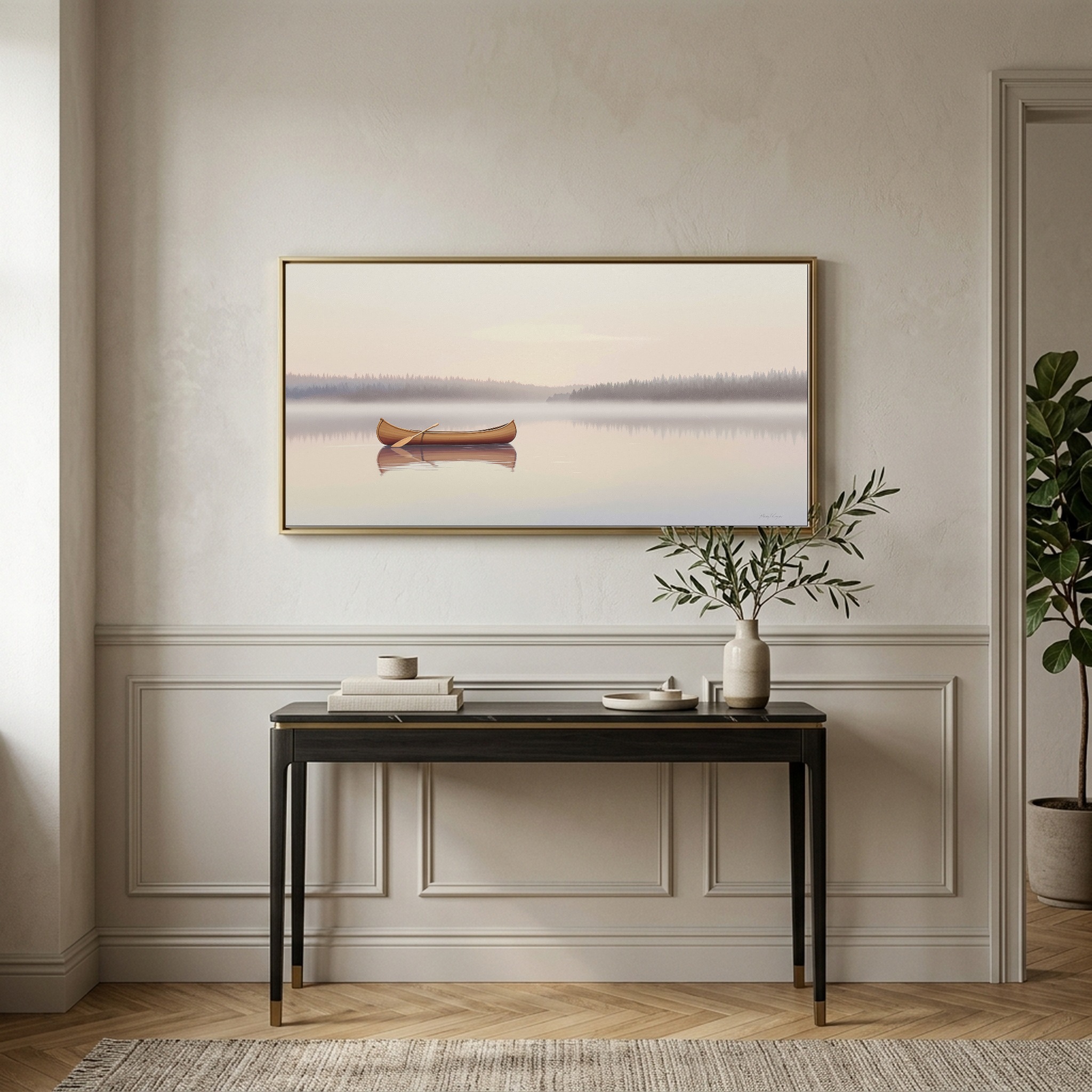Canoe Gliding Across a Glass Lake at Dawn – Panoramic Canvas Wall Art for Zen Living Room or Cabin - Image 5