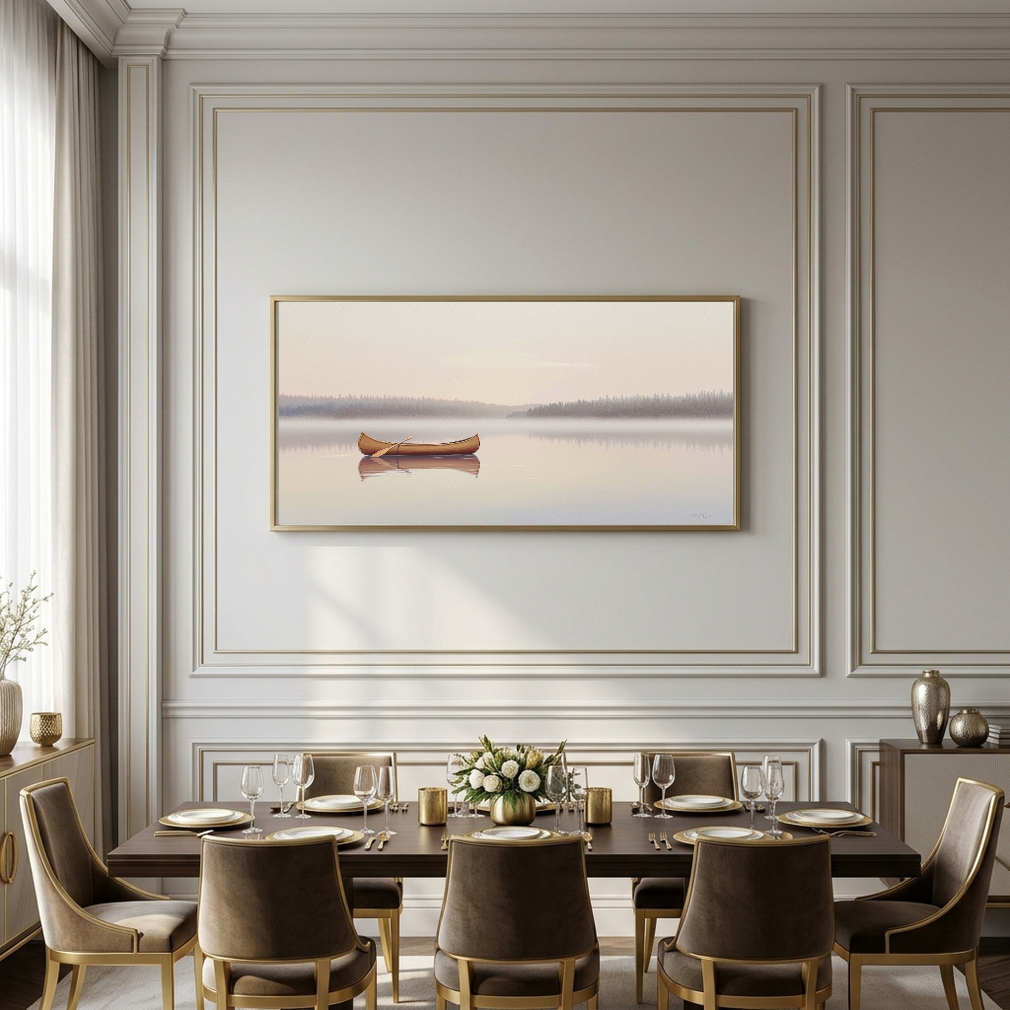 Canoe Gliding Across a Glass Lake at Dawn – Panoramic Canvas Wall Art for Zen Living Room or Cabin - Image 6