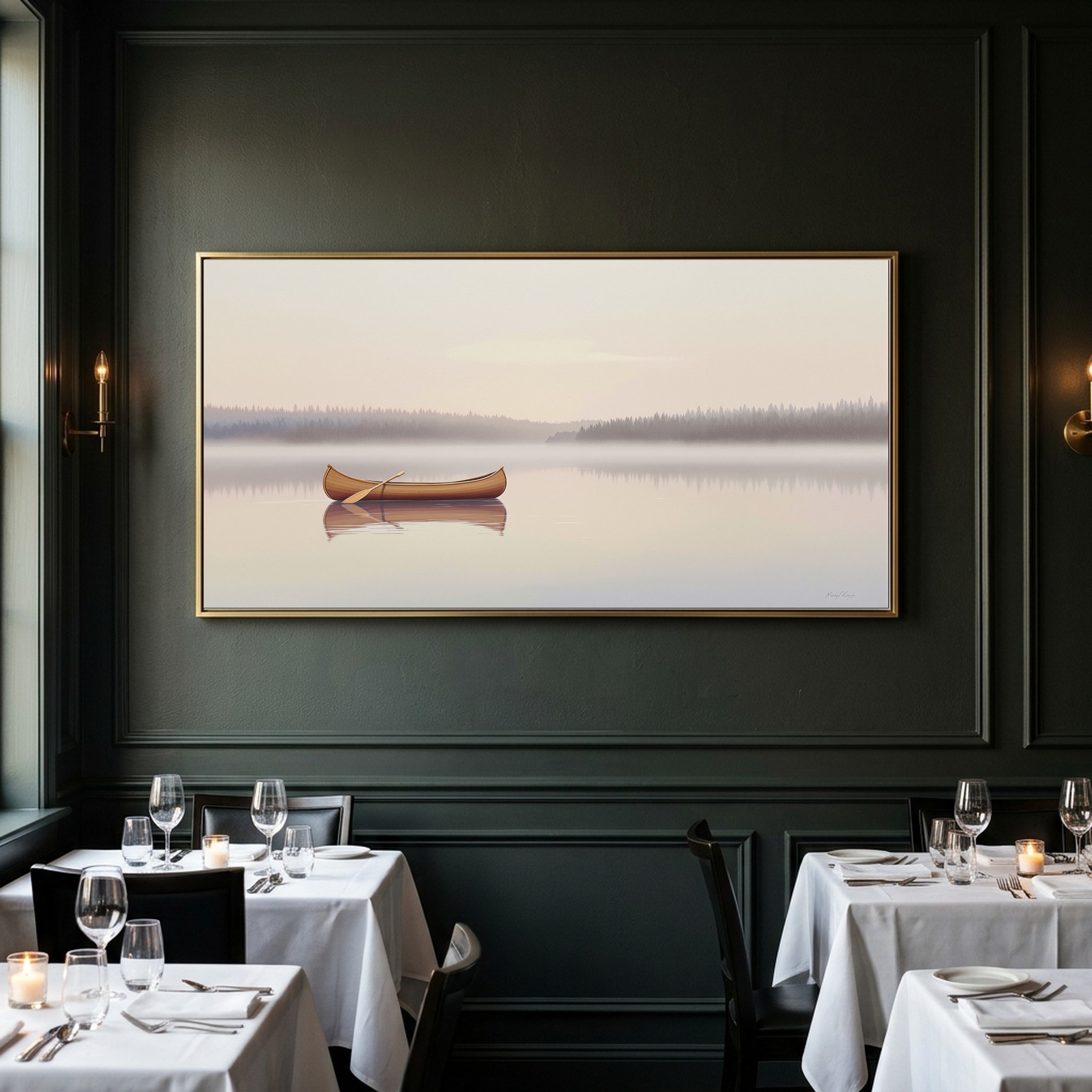 Canoe Gliding Across a Glass Lake at Dawn – Panoramic Canvas Wall Art for Zen Living Room or Cabin - Image 7